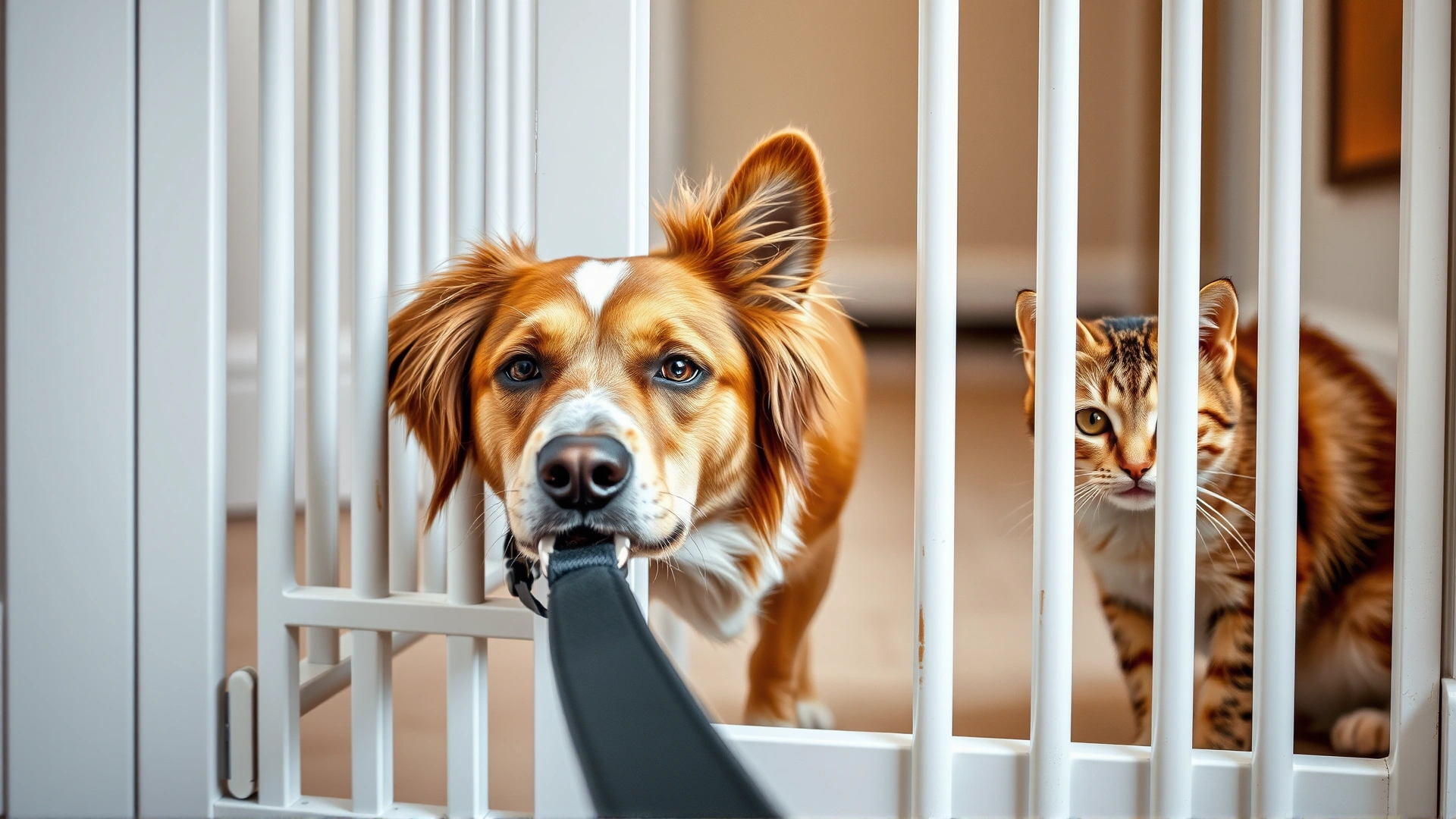 Dog on a leash sniffing through a baby gate while a curious cat observes from the other side; both animals appear relaxed.