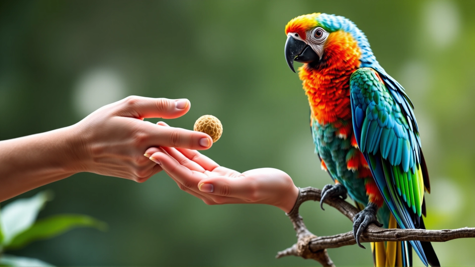 Parrot standing on a perch while handing over a small ball to an outstretched human hand; action shot, sharp focus on the exchange
