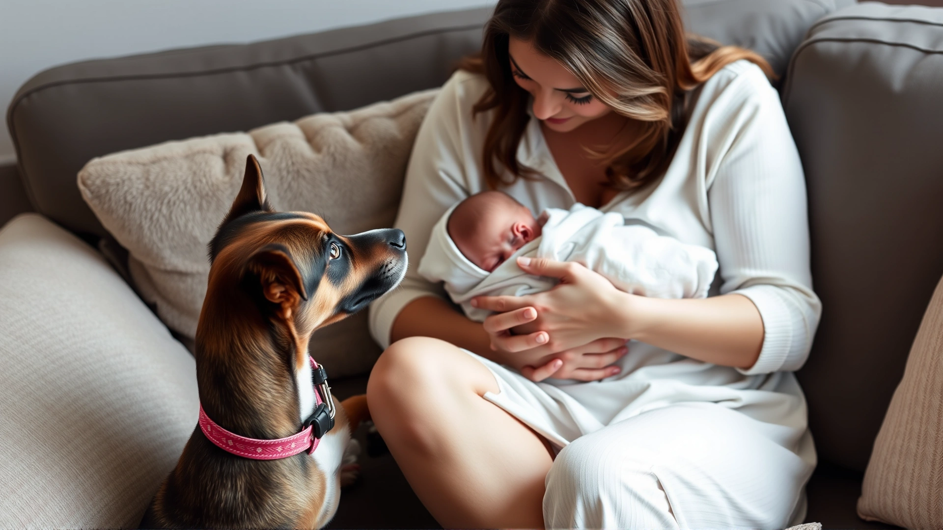 Mother sitting on couch holding newborn while dog approaches calmly on a loose leash for their first meeting