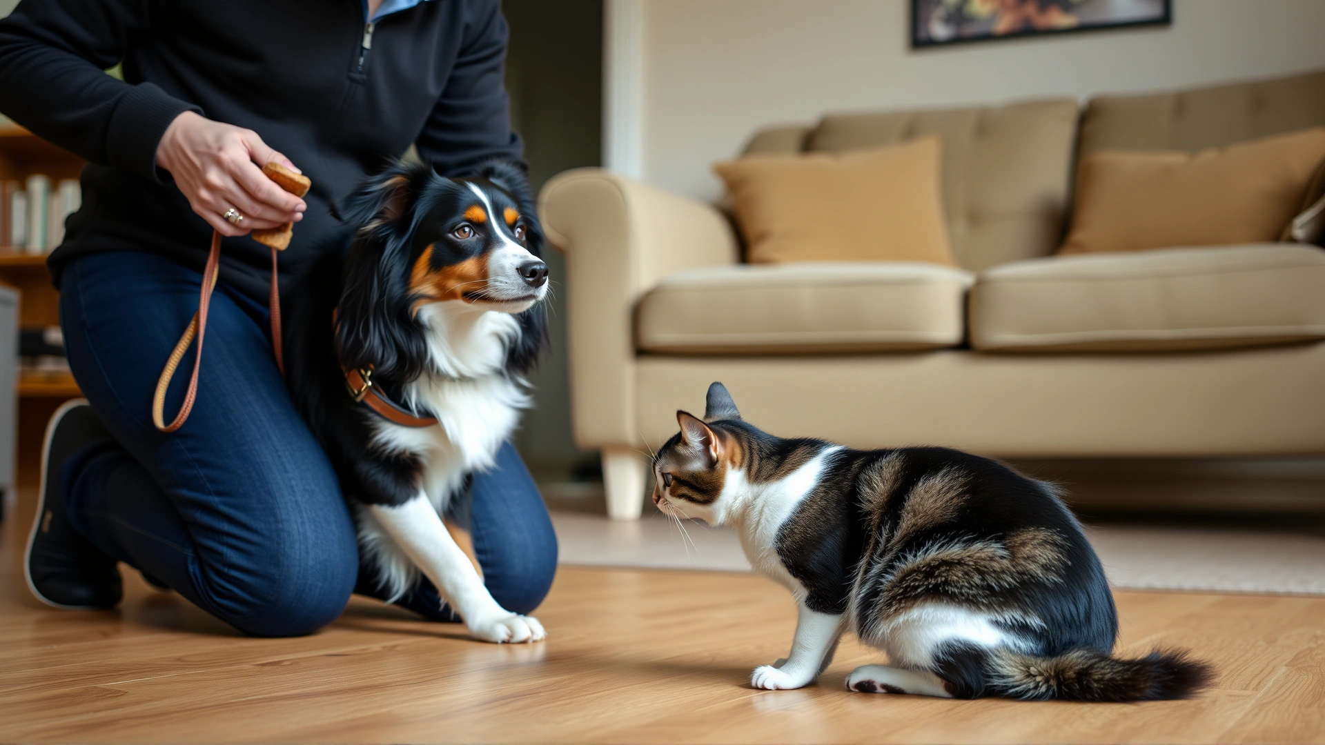 Owner kneeling with treats while a leashed Border Collie gently sniffs a seated calico cat in living room, peaceful atmosphere, no text