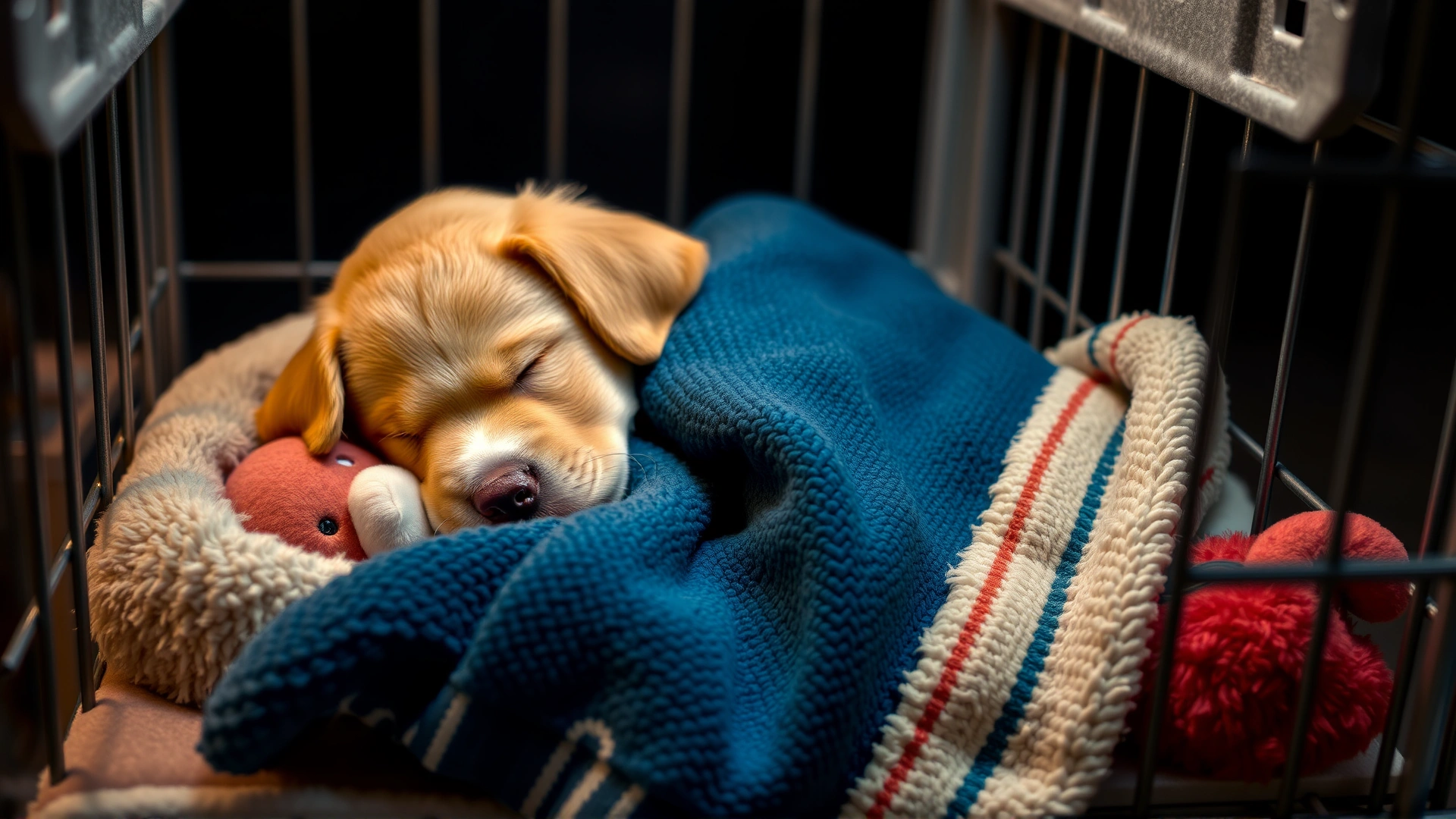 Nighttime photo of a sleepy puppy curled up in a soft crate with a cozy blanket and a plush toy.