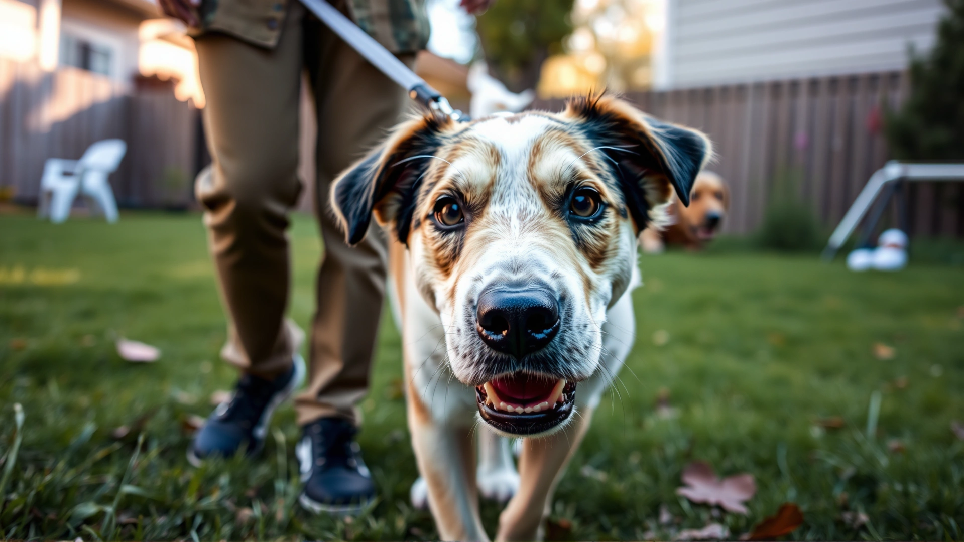 Newly adopted dog on a leash exploring a backyard with owner, highlighting supervised exploration.