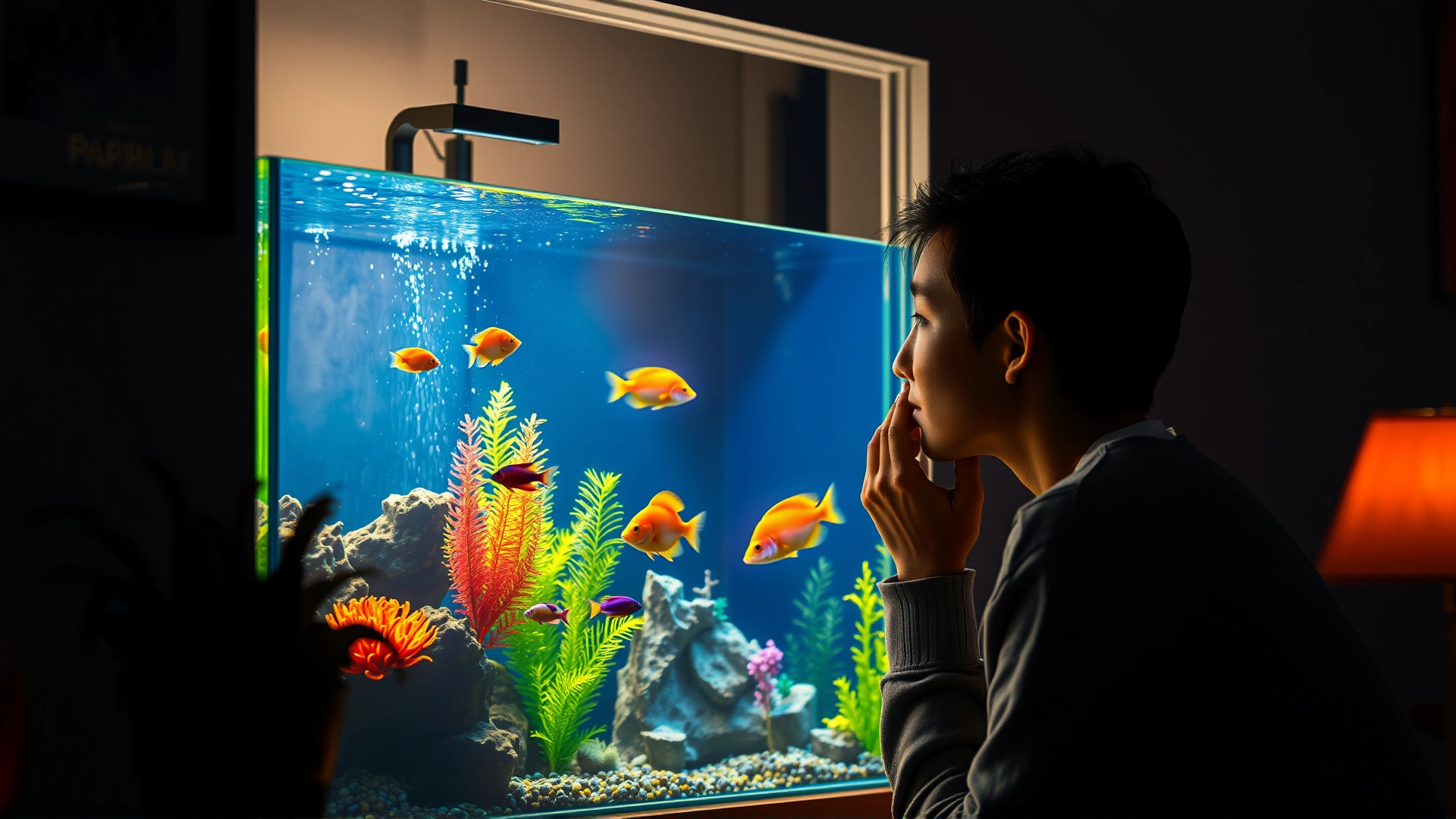 Calming scene of an illuminated home aquarium with colorful fish, person gazing at it peacefully