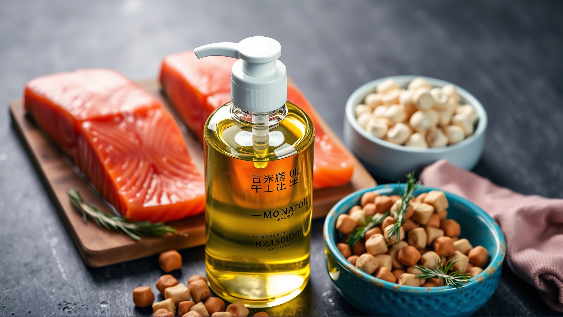 Transparent bottle of salmon oil with pump dispenser placed next to fresh salmon fillets and a bowl of kibble for context.