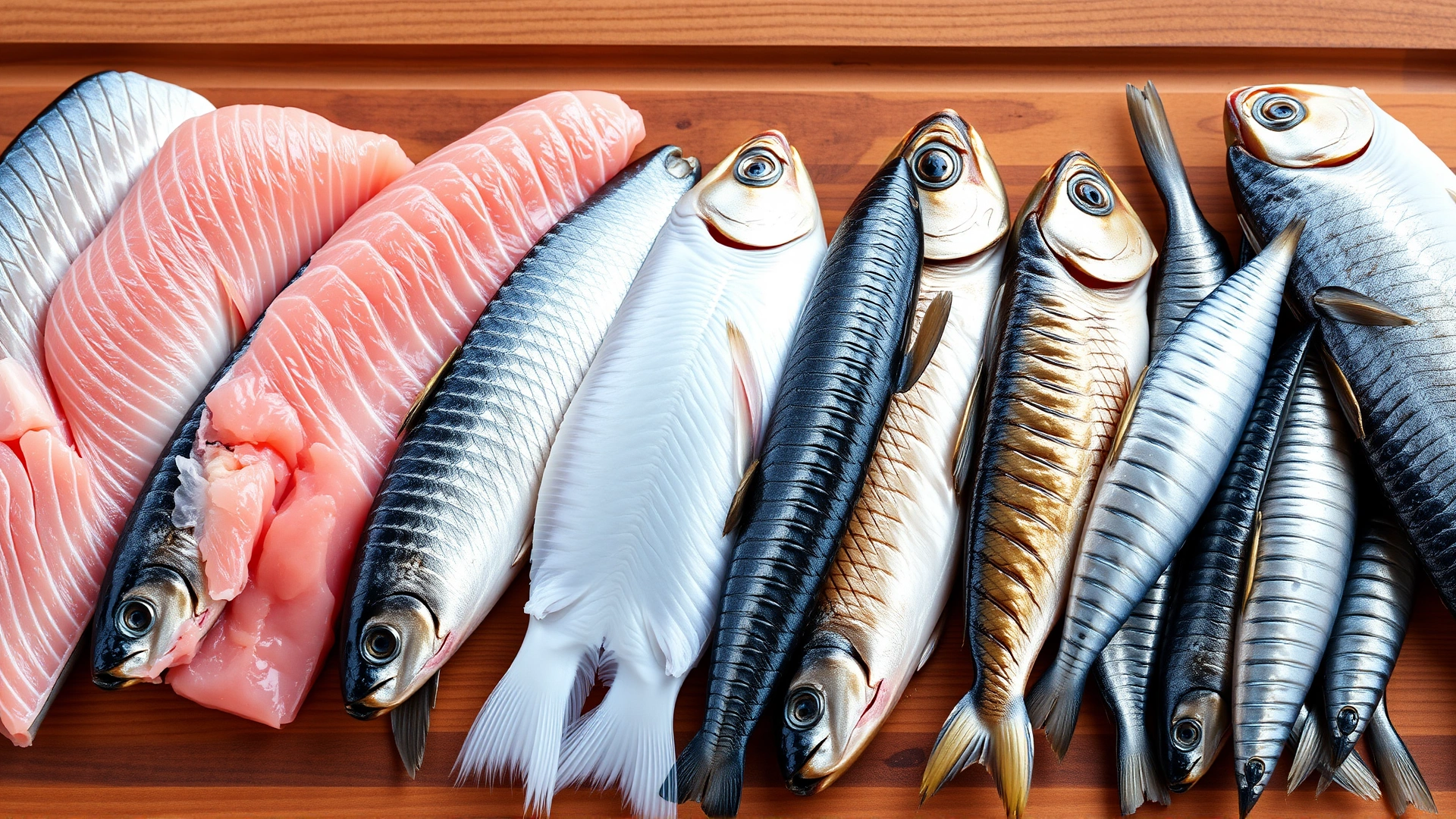 Assortment of raw fatty fish (salmon, mackerel, sardines) neatly arranged on a wooden board, focused on the fresh texture, no text