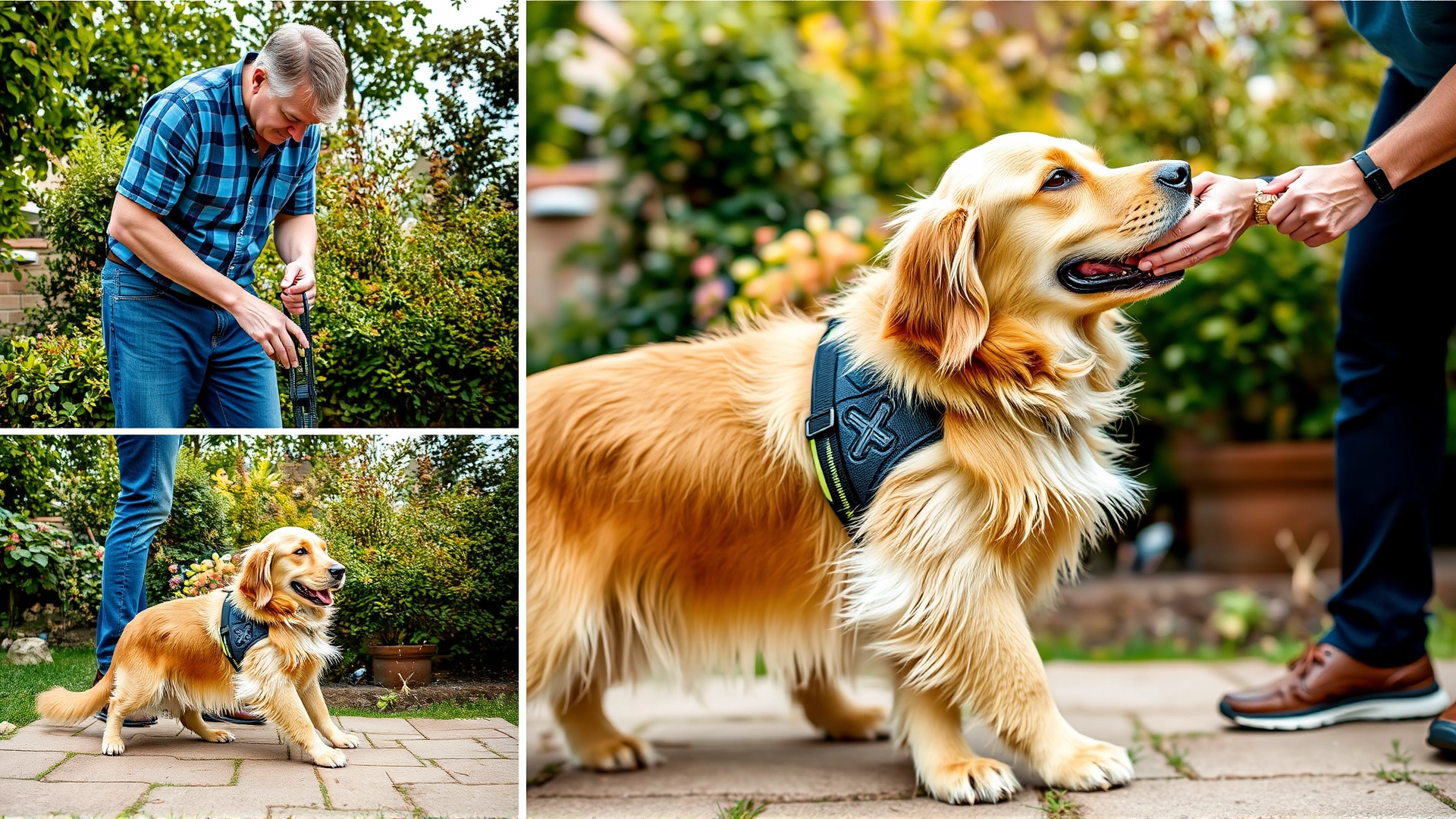 Step-by-step photo sequence (combined into one image) showing an owner putting a front-clip harness on a golden retriever, clear stages, outdoor garden.