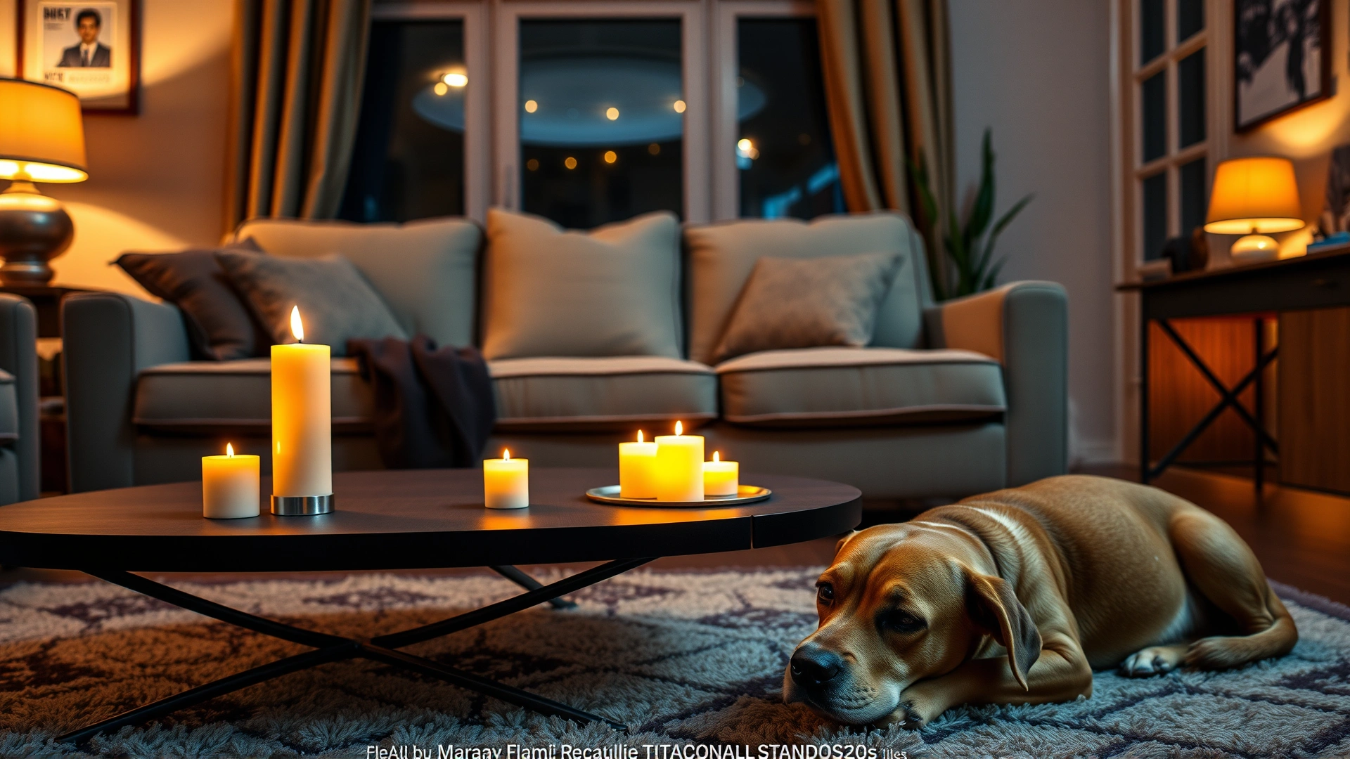 Cozy living room with battery-powered flameless candles flickering on a coffee table, a relaxed dog napping on the rug; evening ambient lighting.