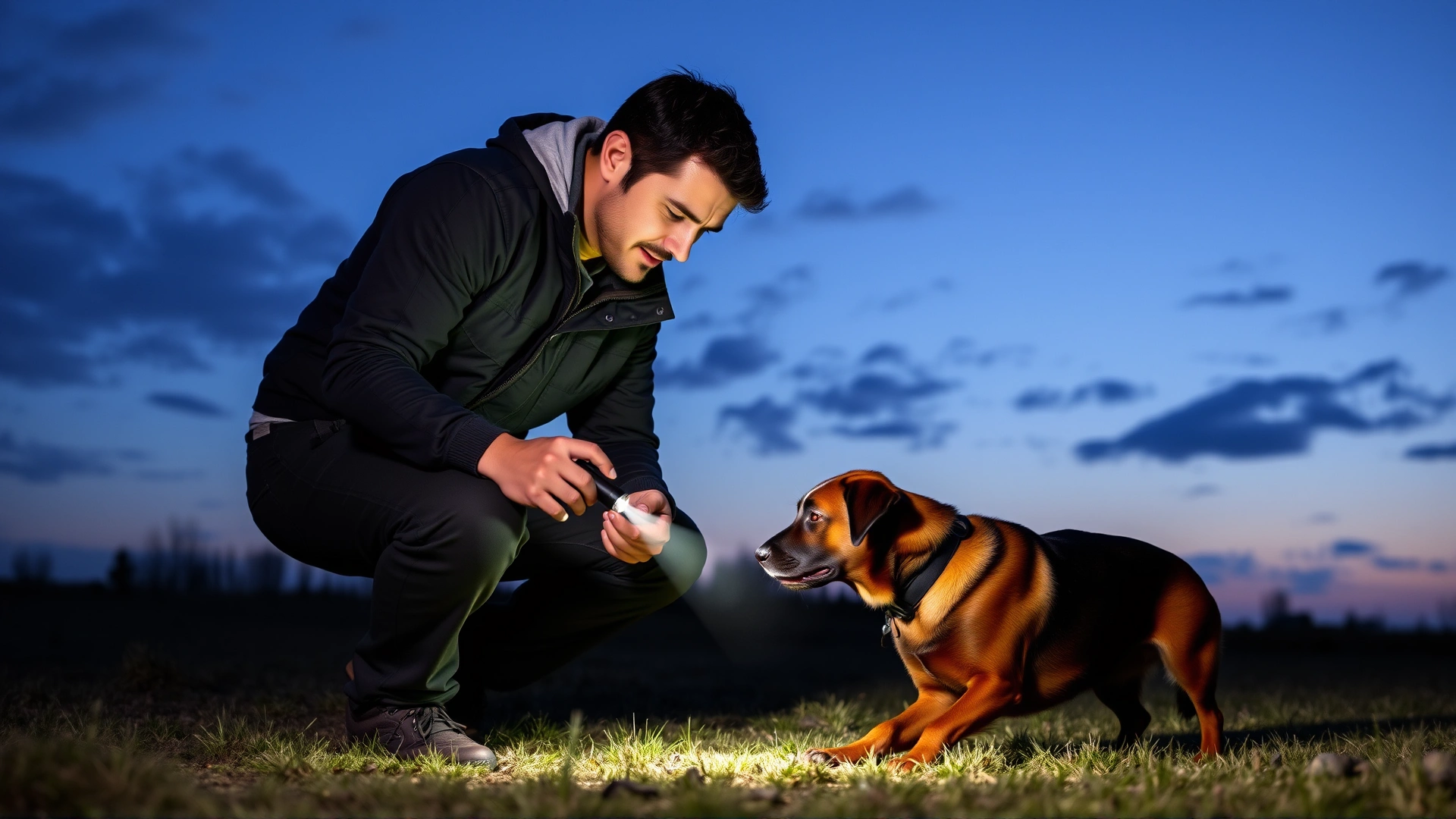 Owner kneeling with a small flashlight pointing toward the ground while a dog watches the light cue during a dusk training session