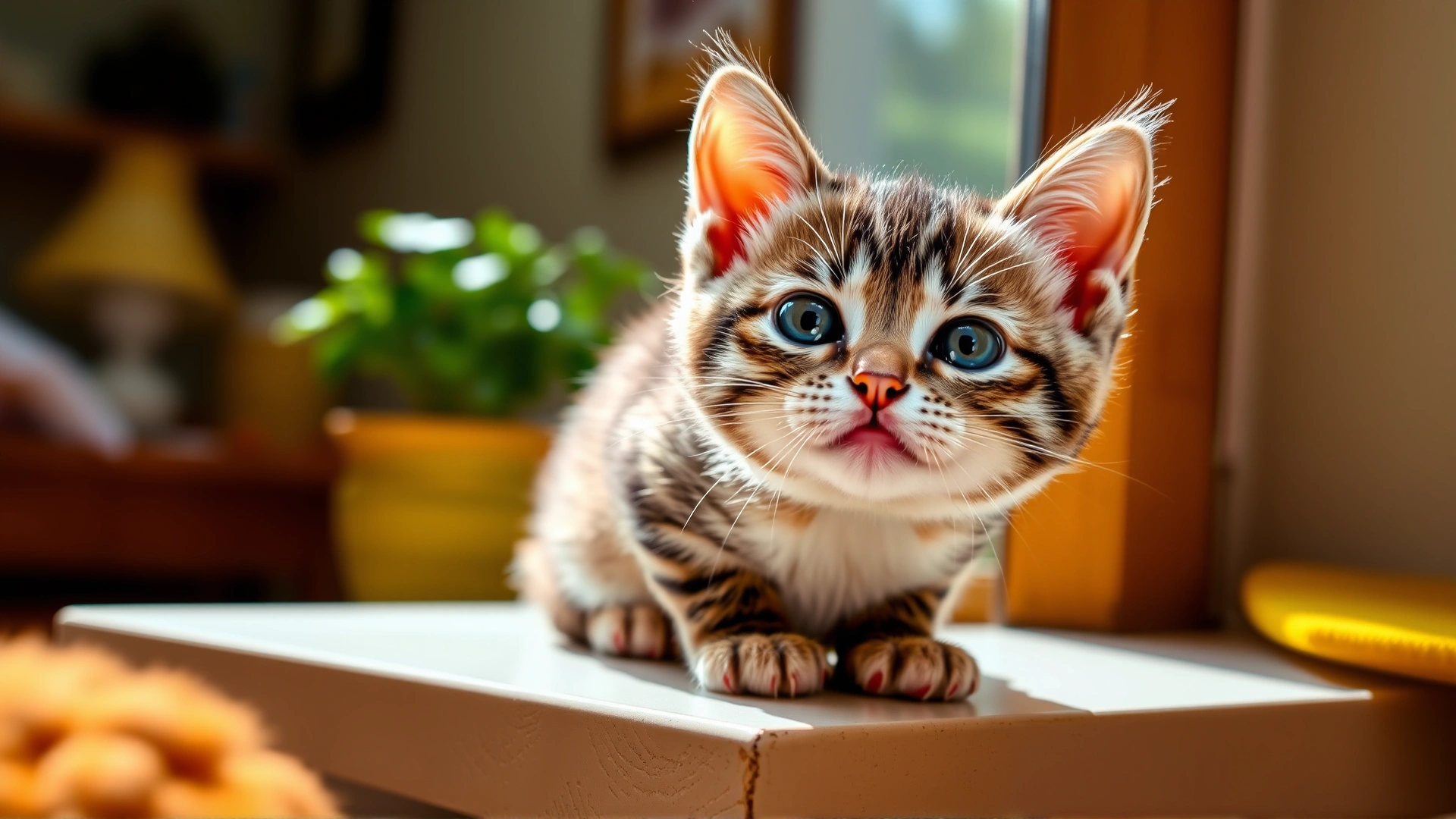 Playful flat-faced kitten sitting on a windowsill with natural light illuminating its round eyes and short nose, cozy home background, high-resolution photo.