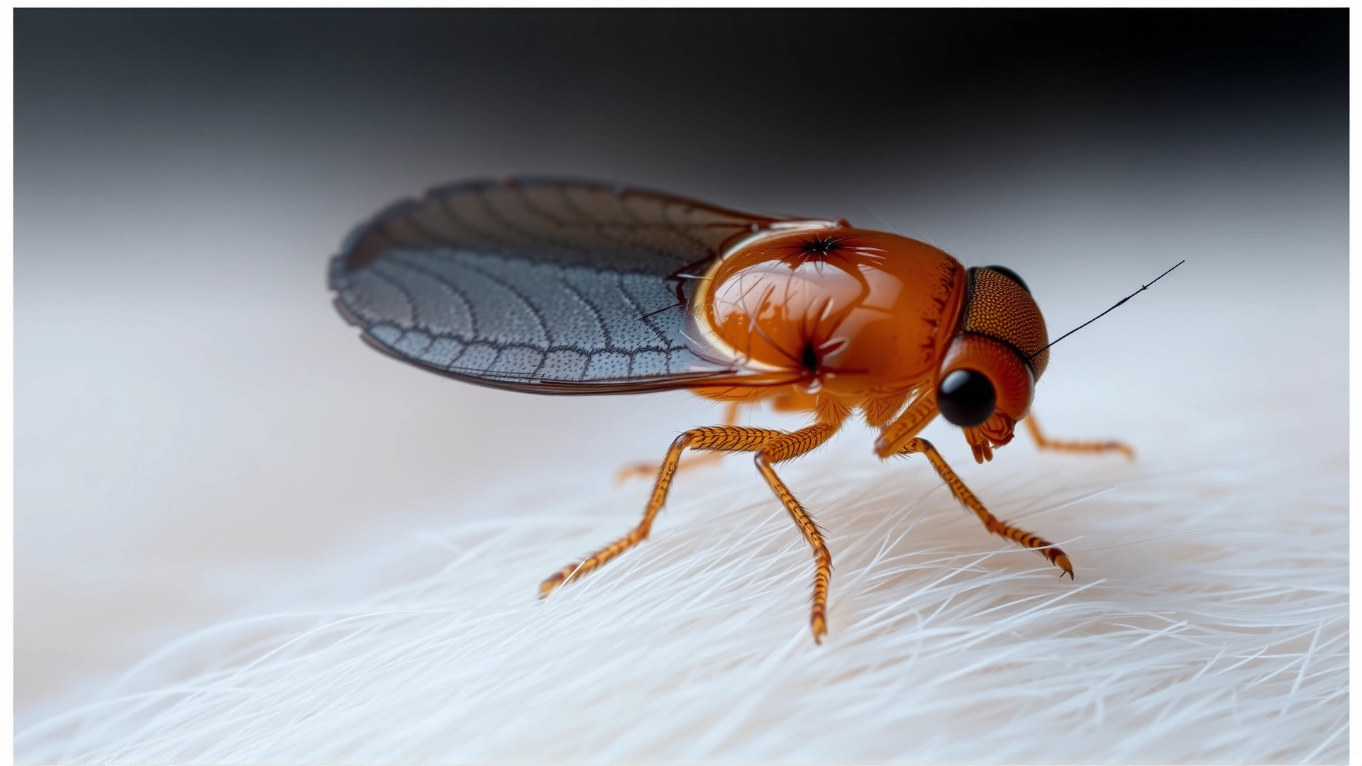 Macro shot of a flea on light-colored cat fur, illustrating parasite infestation.