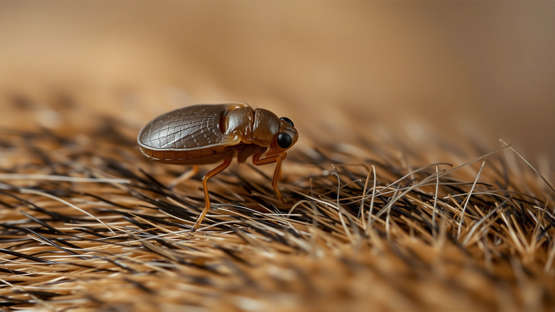 Macro photograph of a single flea on cat fur, clearly showing the parasite’s details.