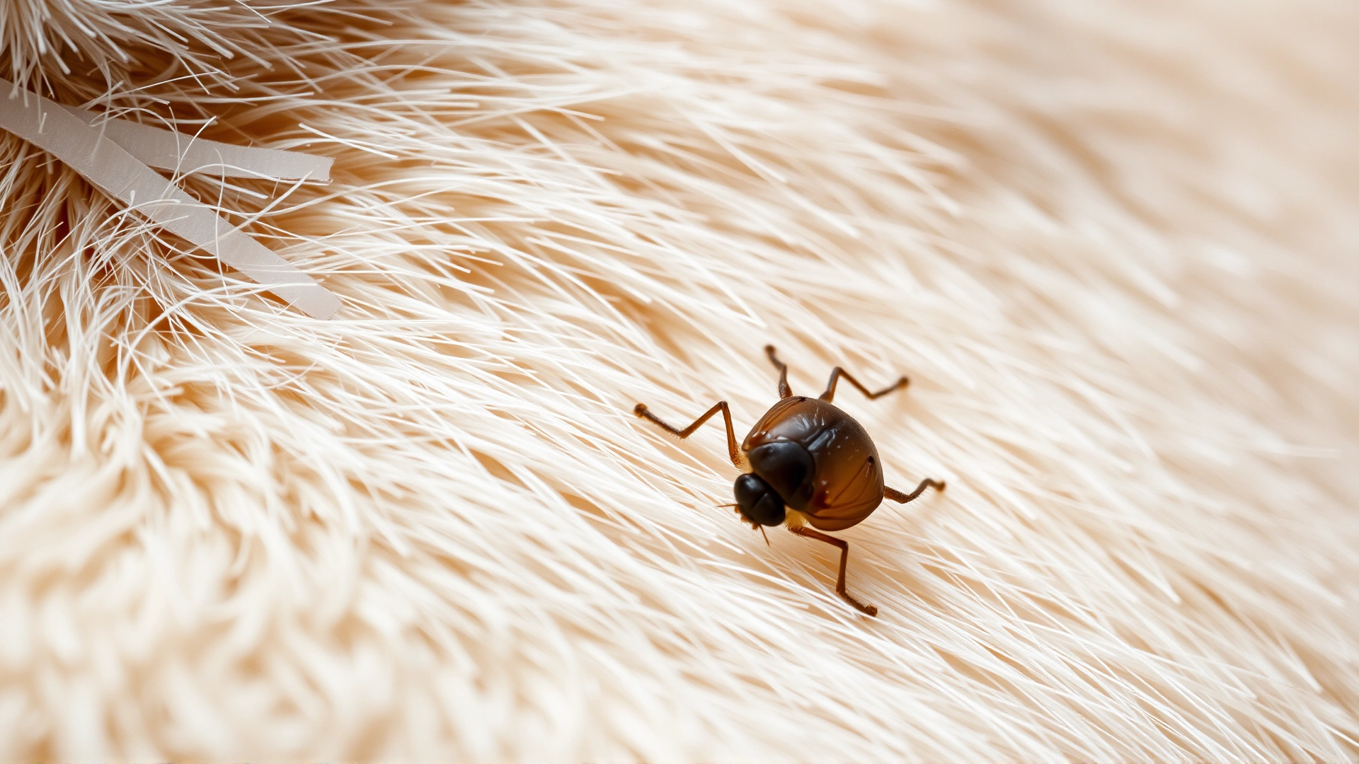 Macro shot showing a flea on the fur of a light-colored cat, clearly highlighting the insect and surrounding skin.