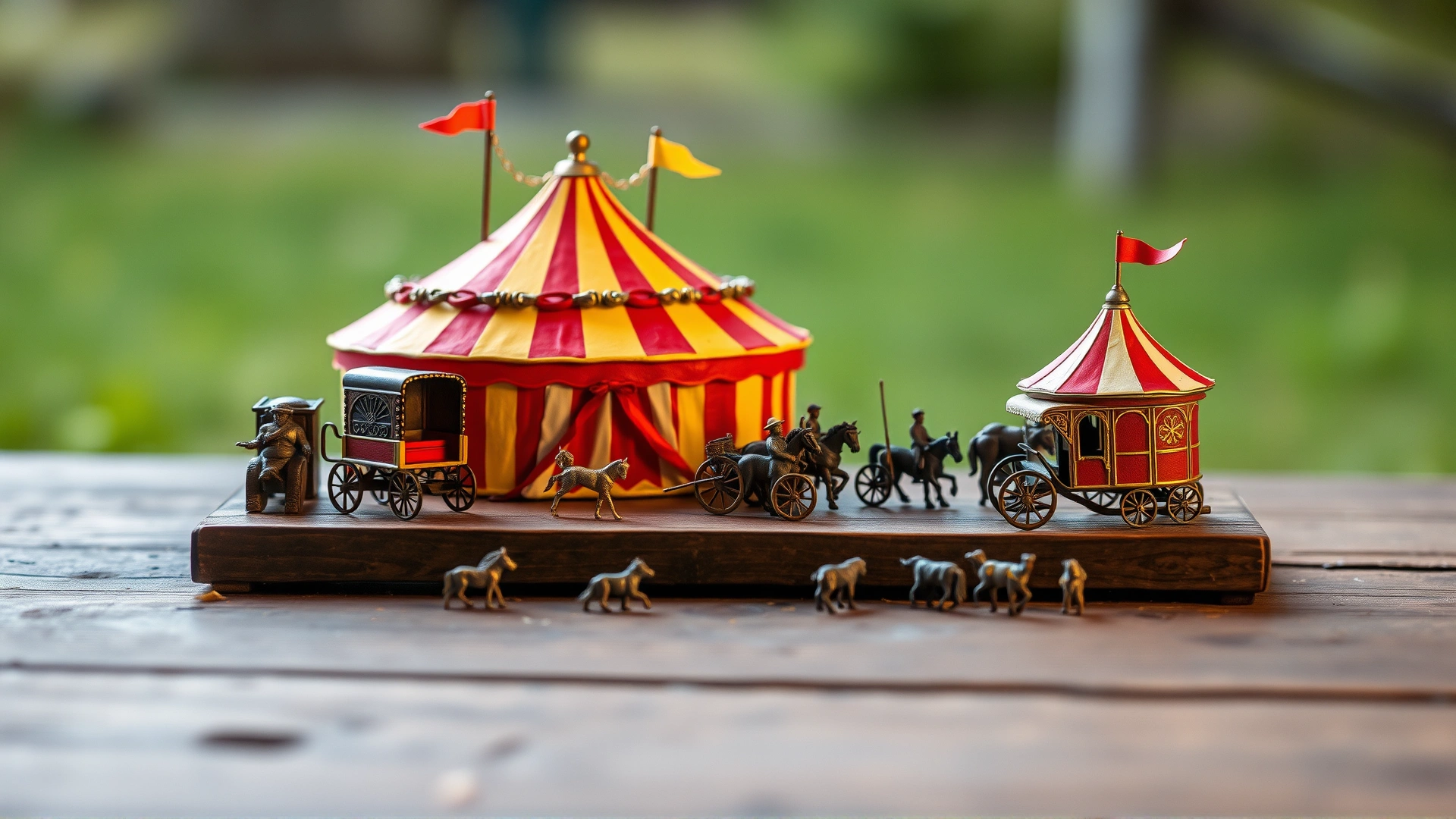 Vintage-style photograph of a historical flea circus setup with tiny props like miniature carriages on a wooden table, shallow depth of field, no text