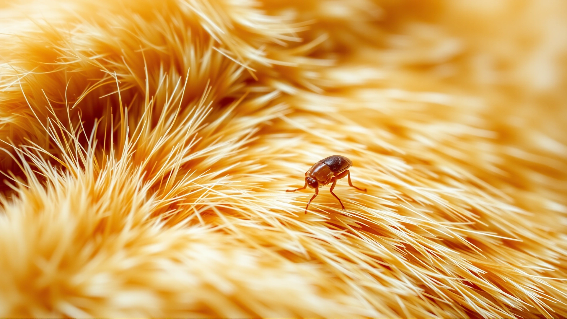 Macro shot of a single flea on orange tabby cat fur to visually highlight what cat owners should look for.