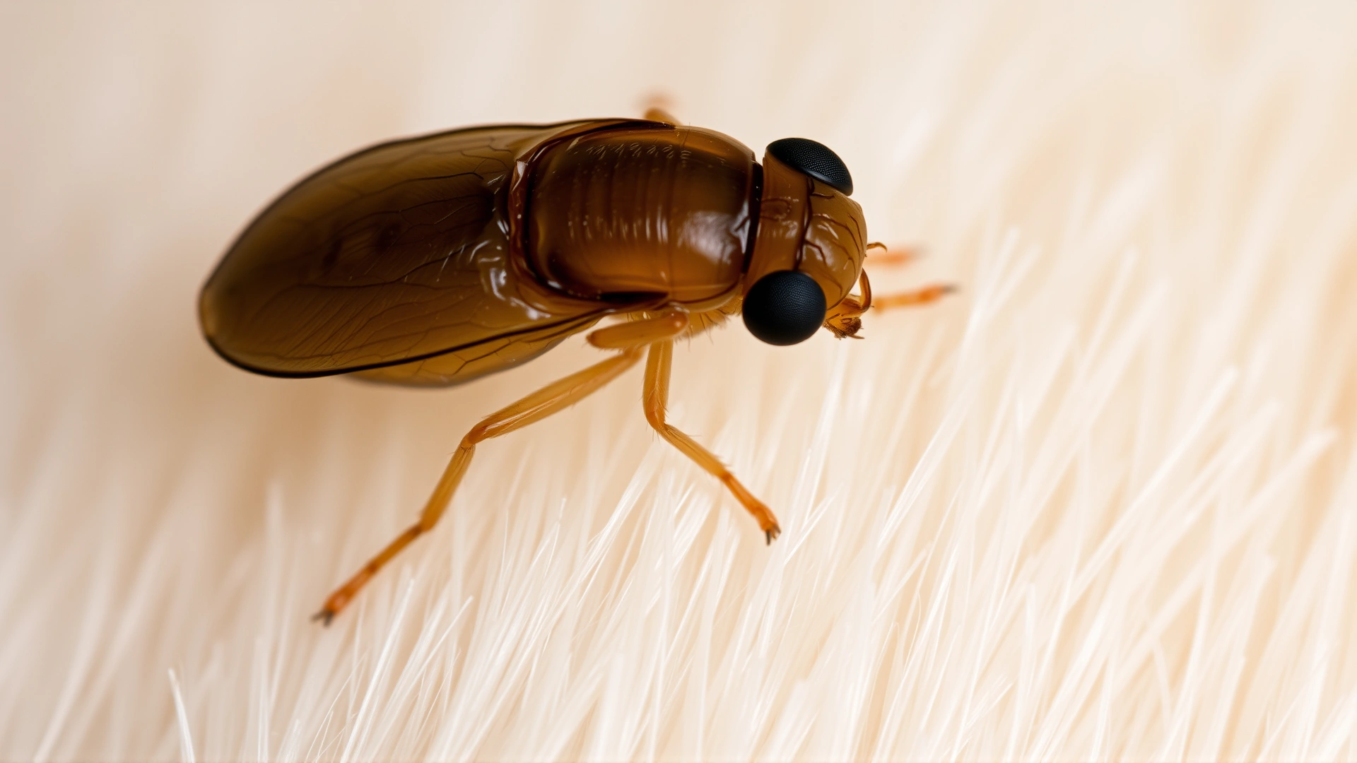 Macro photograph of a single flea on light-colored fur, highly detailed to show the insect clearly.