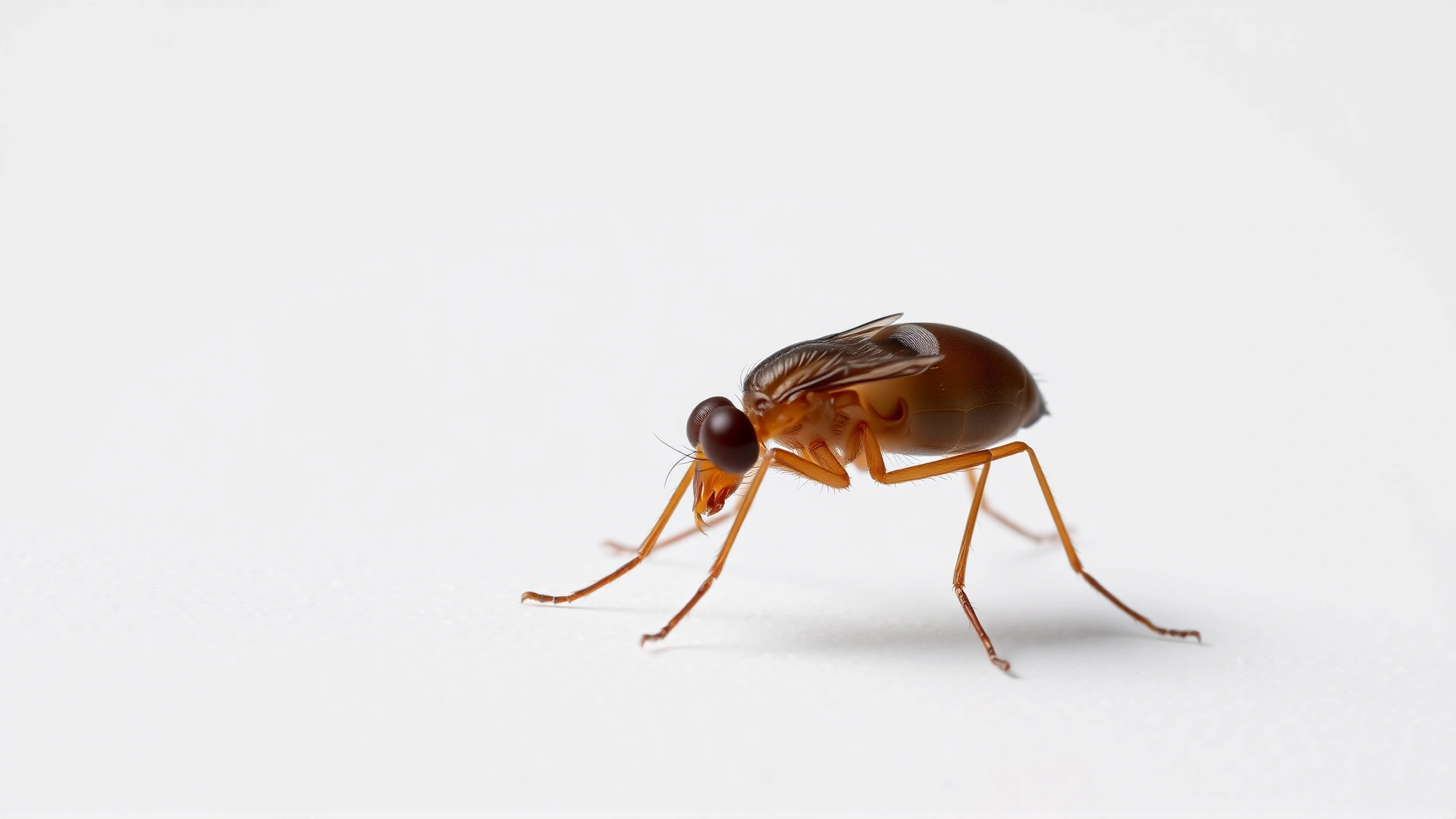 Extreme macro shot of a single flea on a white background, highly detailed legs and body, studio lighting.