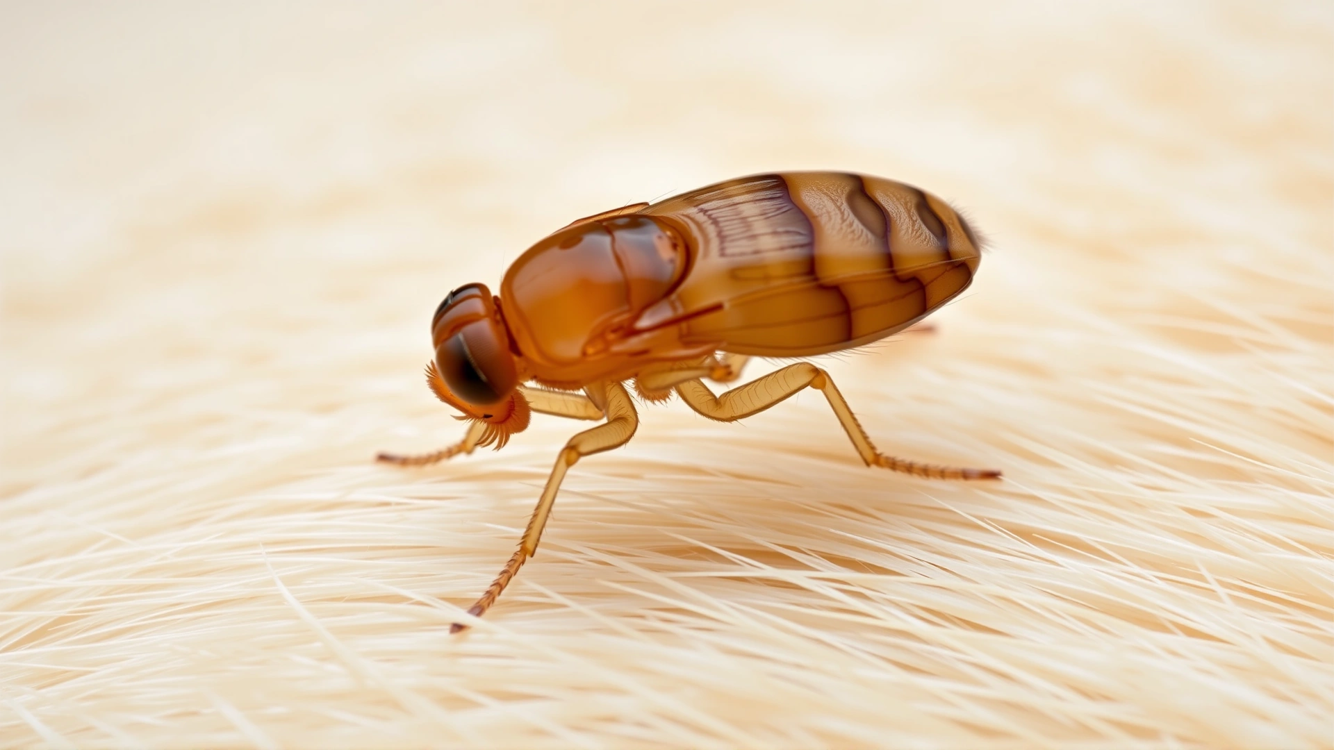 Macro photograph of an adult flea on light-colored cat fur, high detail showing legs and body segments, neutral background, no text.