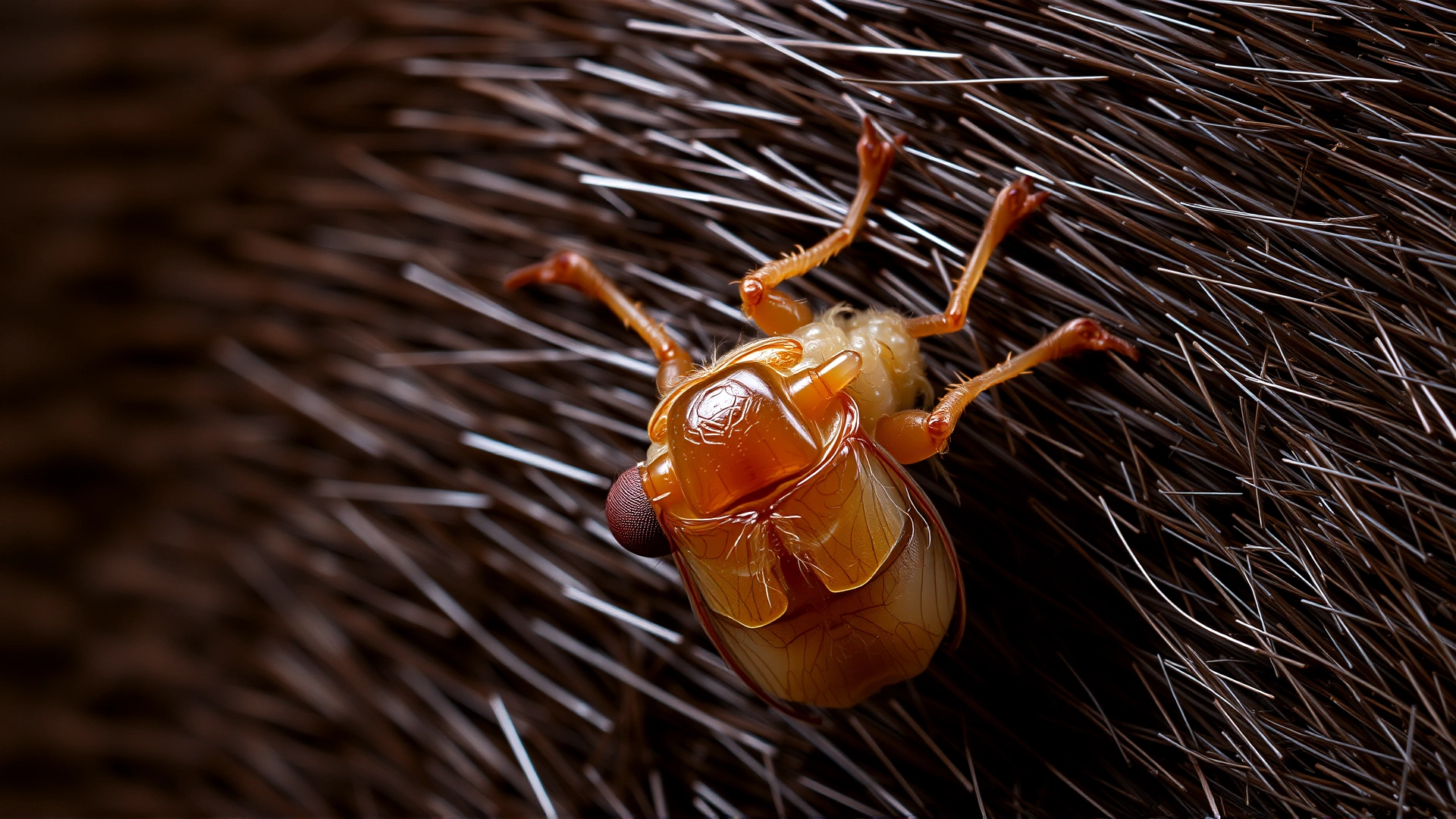 Macro photograph of a flea clinging to animal fur, high detail, no text