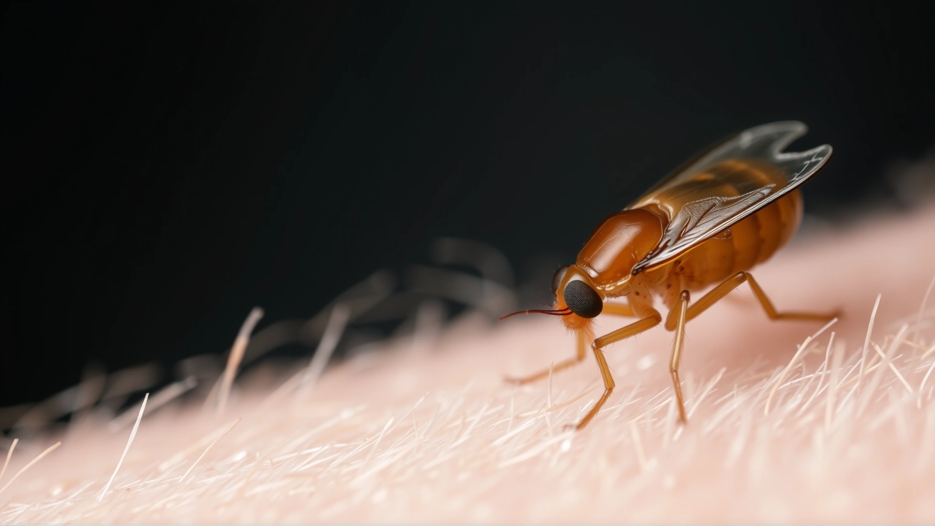 Macro photograph of a flea on light-colored fur, highlighting the insect’s detail and emphasizing the flea problem.
