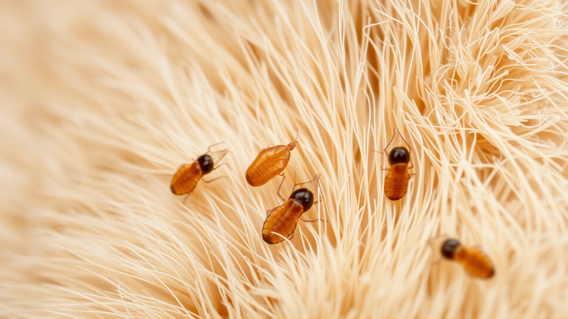 Macro shot of fleas visible in the fur of a light-colored cat, clear details highlighting the parasites.