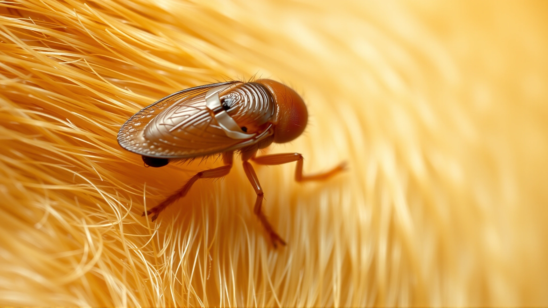 Extreme macro shot of a flea clinging to a dog's golden fur, sharp detail, natural lighting