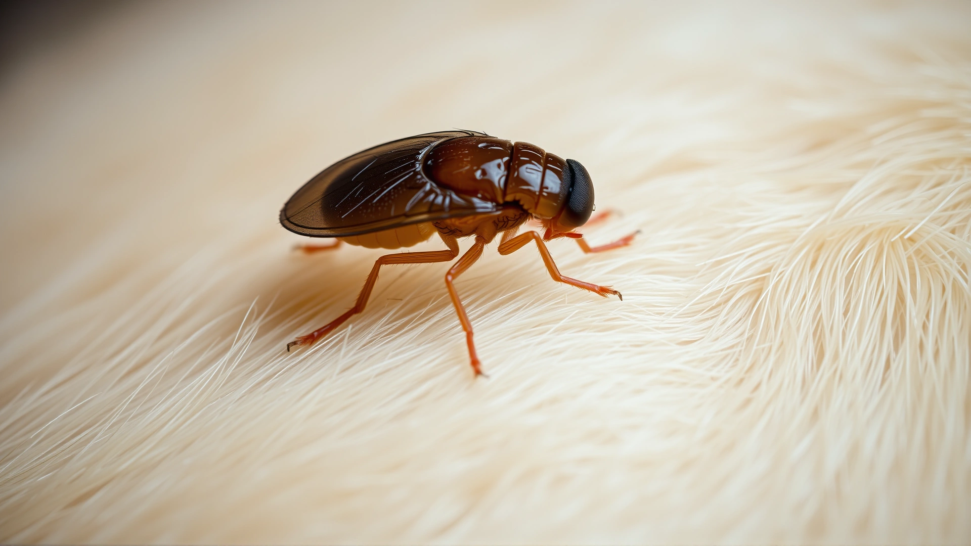 Macro shot of a flea resting on the light-colored fur of a dog, demonstrating the parasite responsible for flea allergy dermatitis.
