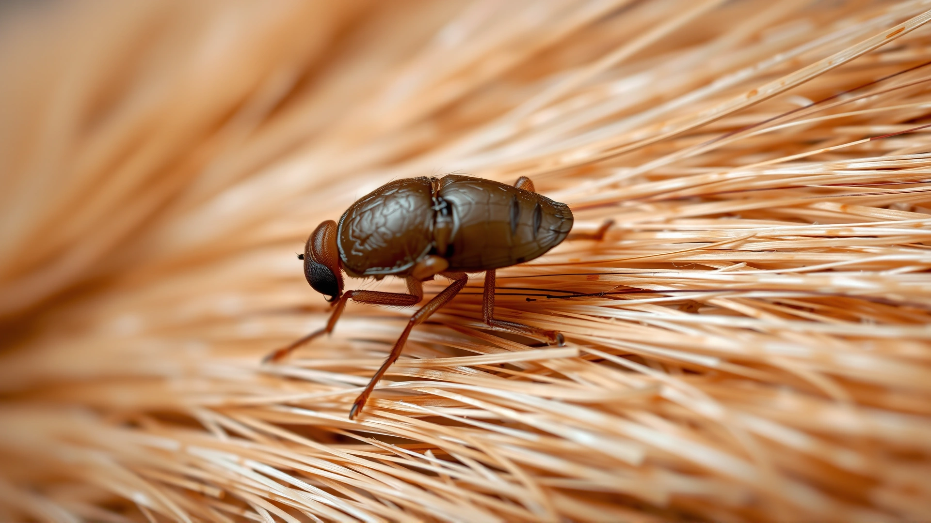 Macro shot of an adult flea on a strand of animal fur, highly detailed, no text.