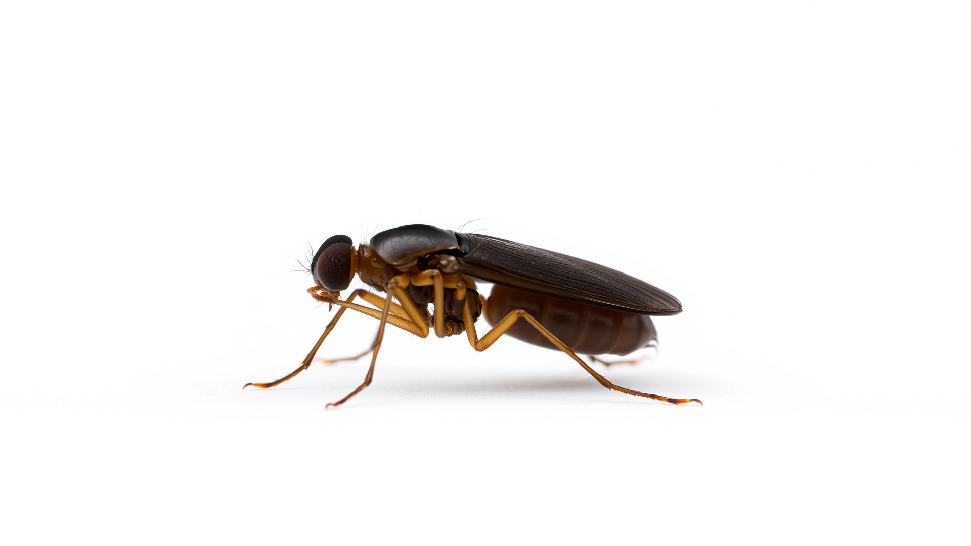 Macro photograph of a single flea on a clean white background, showing detailed body structure, no text