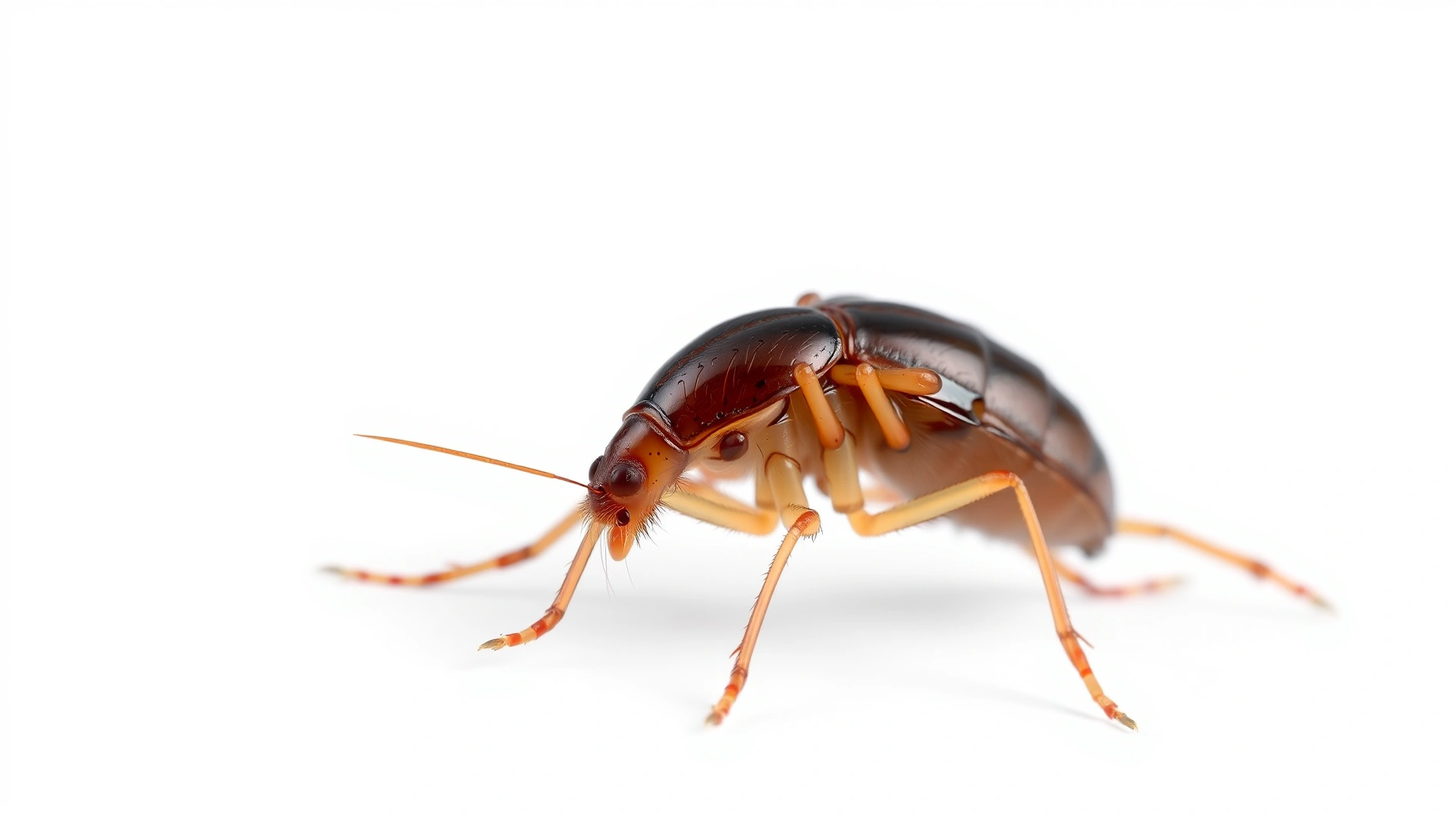 Extreme macro shot of an Oriental rat flea against white background, showing mouthparts and legs in detail.