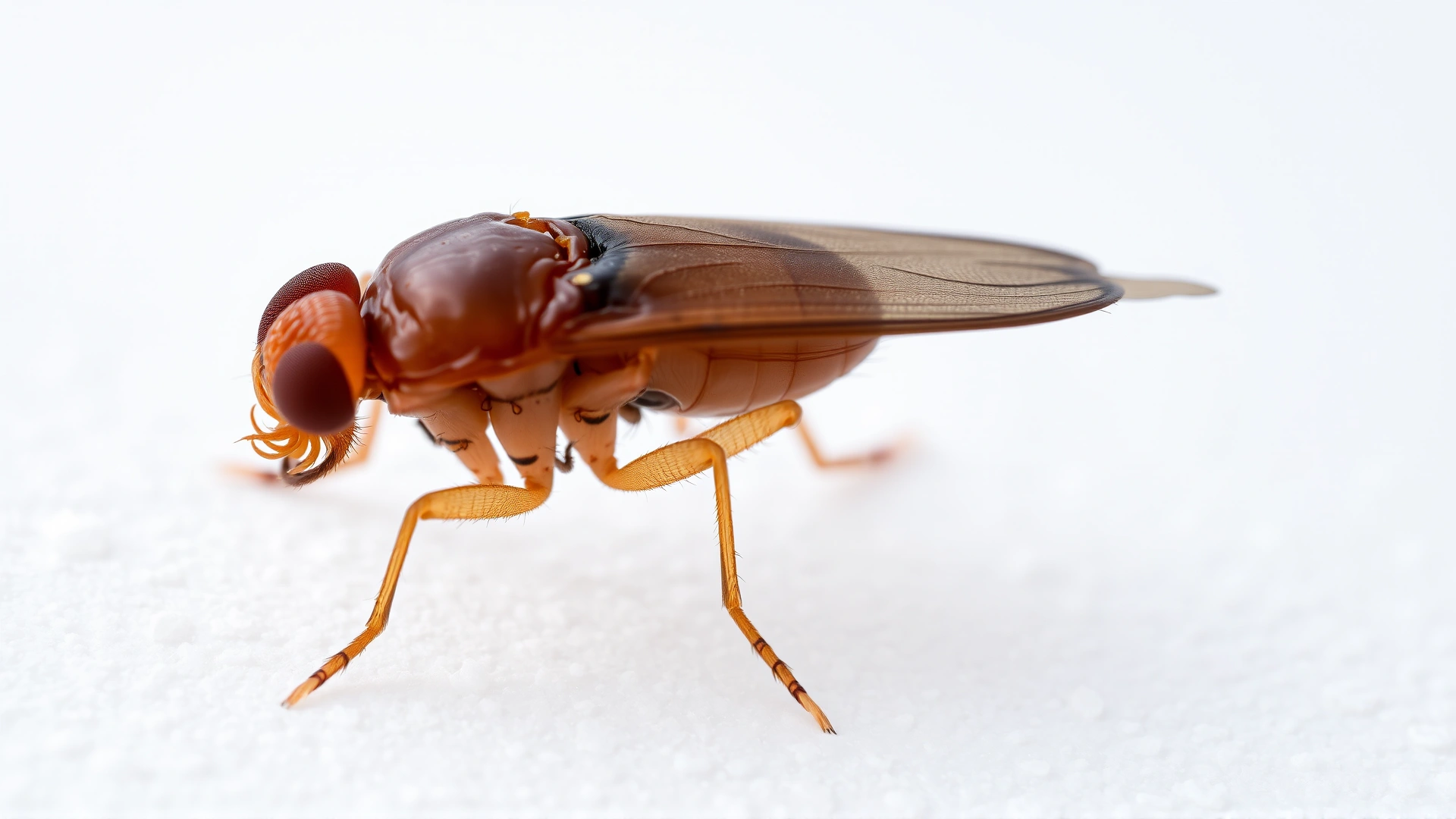 Extreme macro shot of a reddish-brown adult flea on a white background, showing detailed body segments and legs