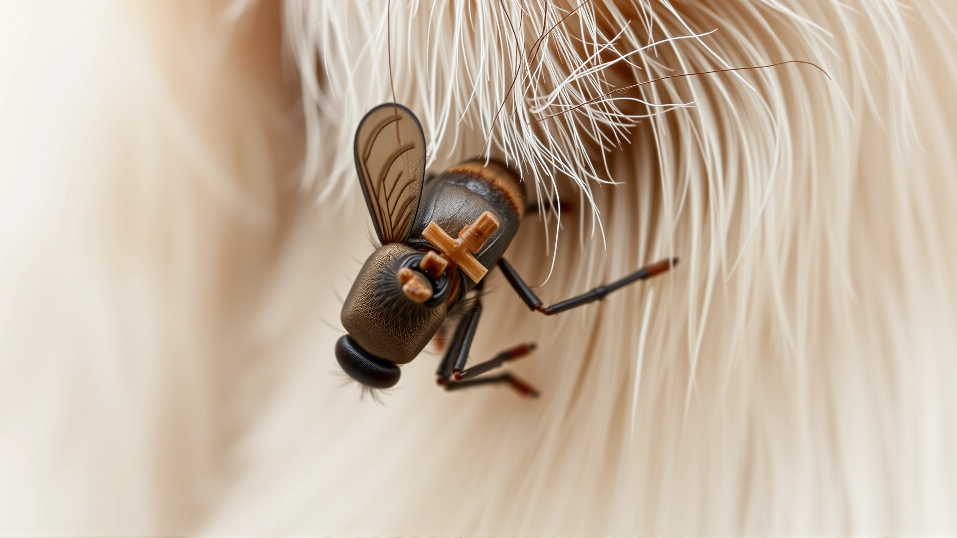 Extreme macro shot of a single flea clinging to dog fur, highly detailed, sharp focus, neutral background