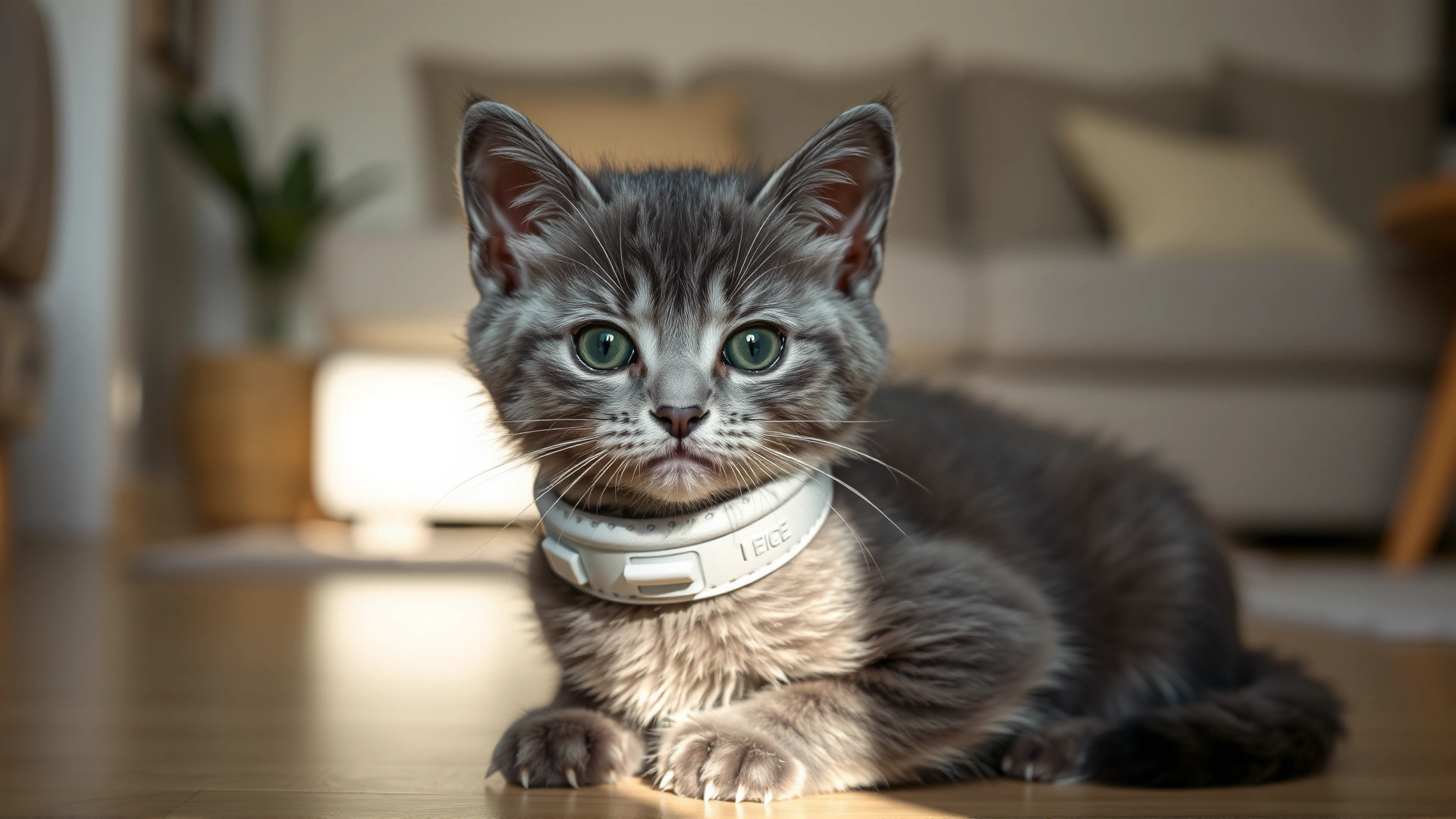 Gray short-haired kitten sitting on a living-room floor wearing a modern light-gray flea prevention collar, soft natural light