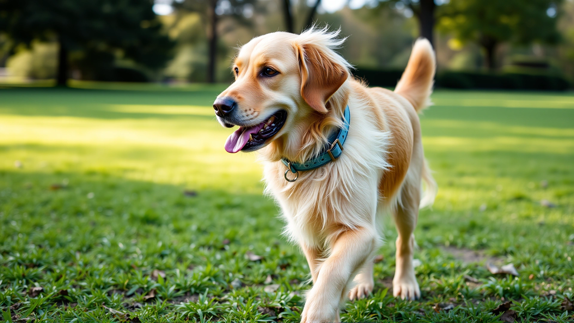 Golden retriever wearing a modern flea and tick collar while walking in a grassy park