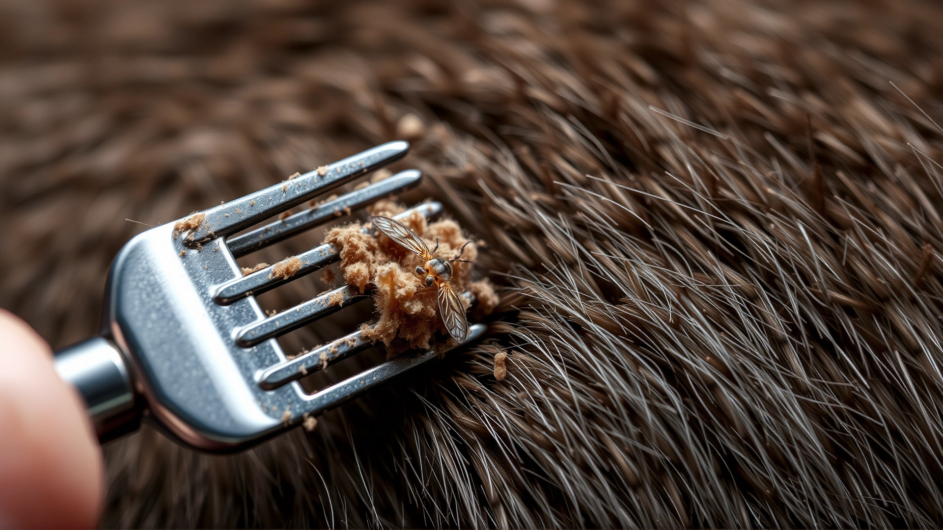 Macro shot of a flea comb pulling out flea dirt from a cat's fur, highlighting effective manual inspection.