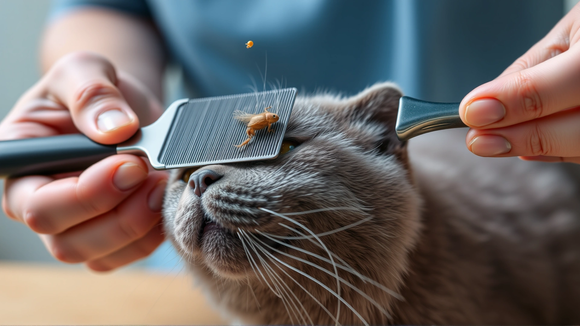 Person using a fine-toothed flea comb on a gray cat, with visible flea comb teeth collecting debris.