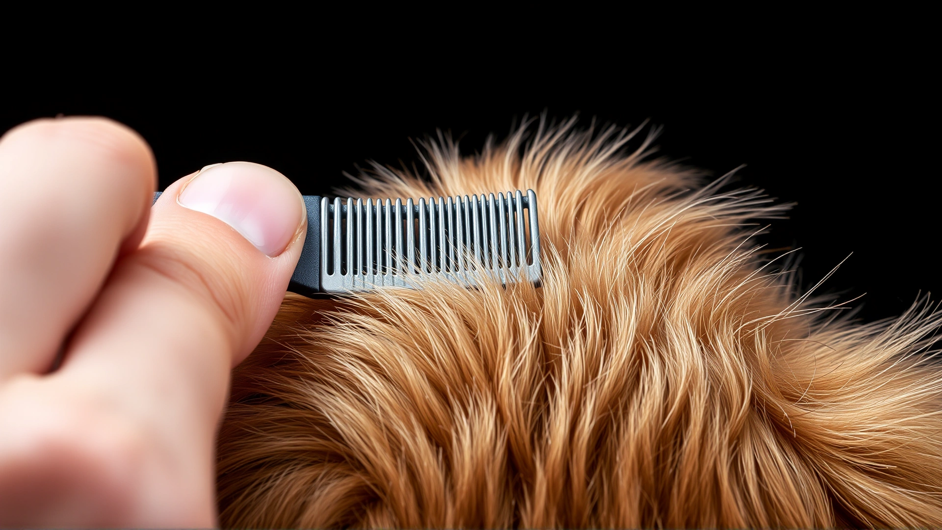 Close-up of a hand using a fine-toothed flea comb on a puppy's back fur, focus on comb and hair