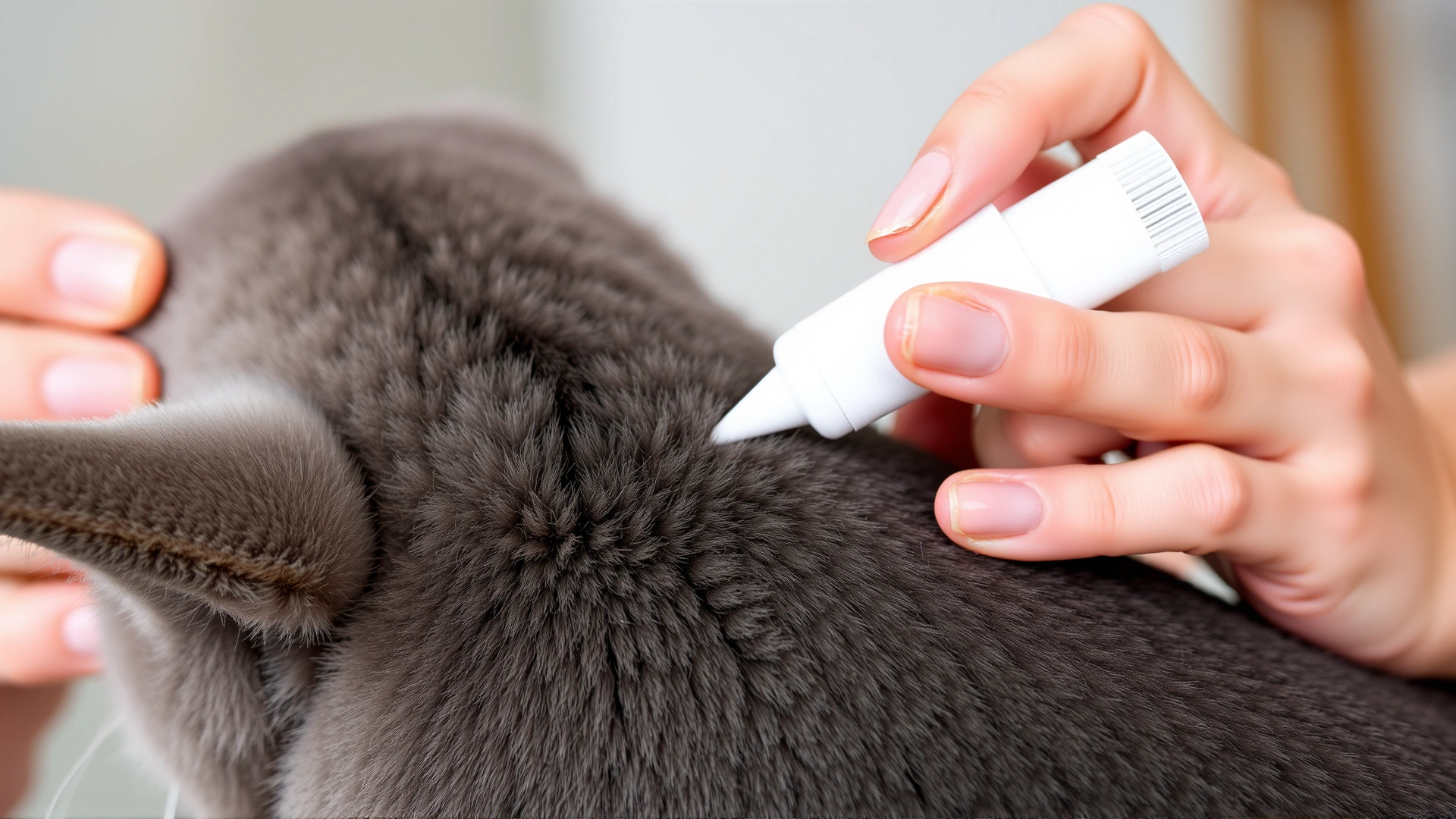 Pet owner applying a topical flea treatment on the back of a gray cat’s neck; the applicator and cat’s fur in sharp focus.