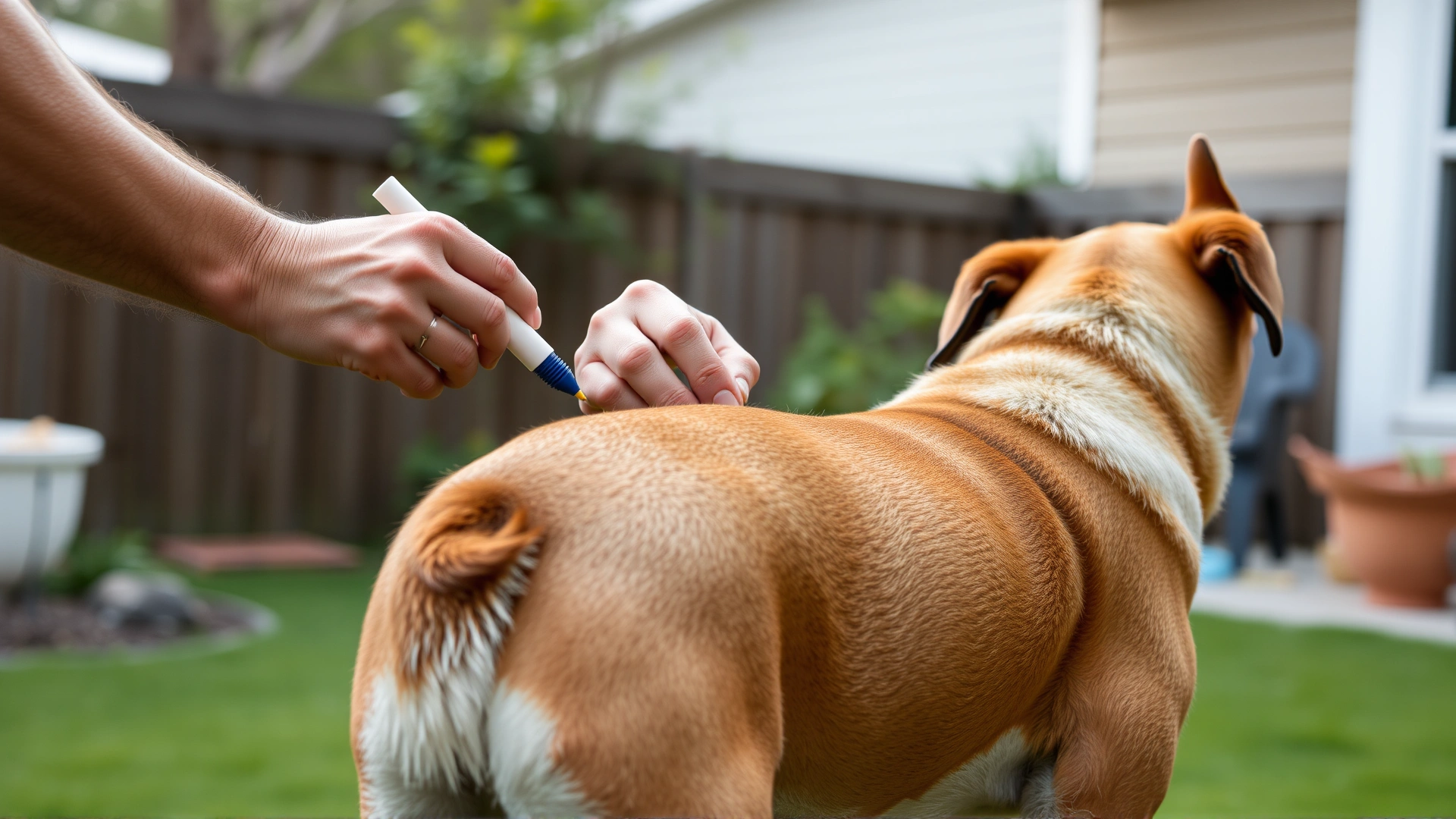Owner applying topical flea treatment to the back of a short-haired dog in a backyard