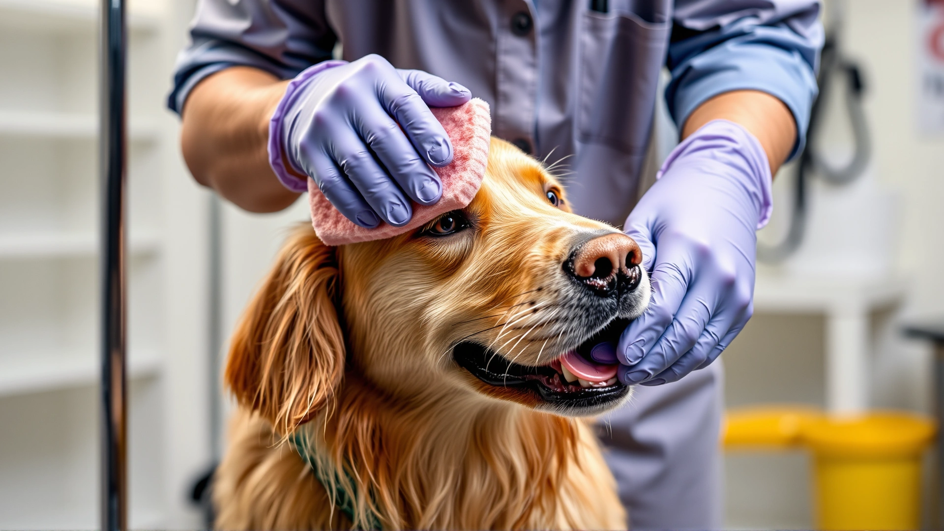 Groomer wearing rubber gloves applies flea dip solution with a sponge onto a wet golden retriever, indoor grooming salon, no text