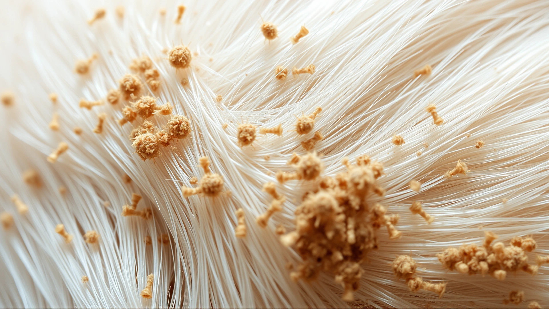 Extreme close-up photo of flea dirt particles on light-colored dog fur, clearly showing pepper-like specks, high detail, natural light