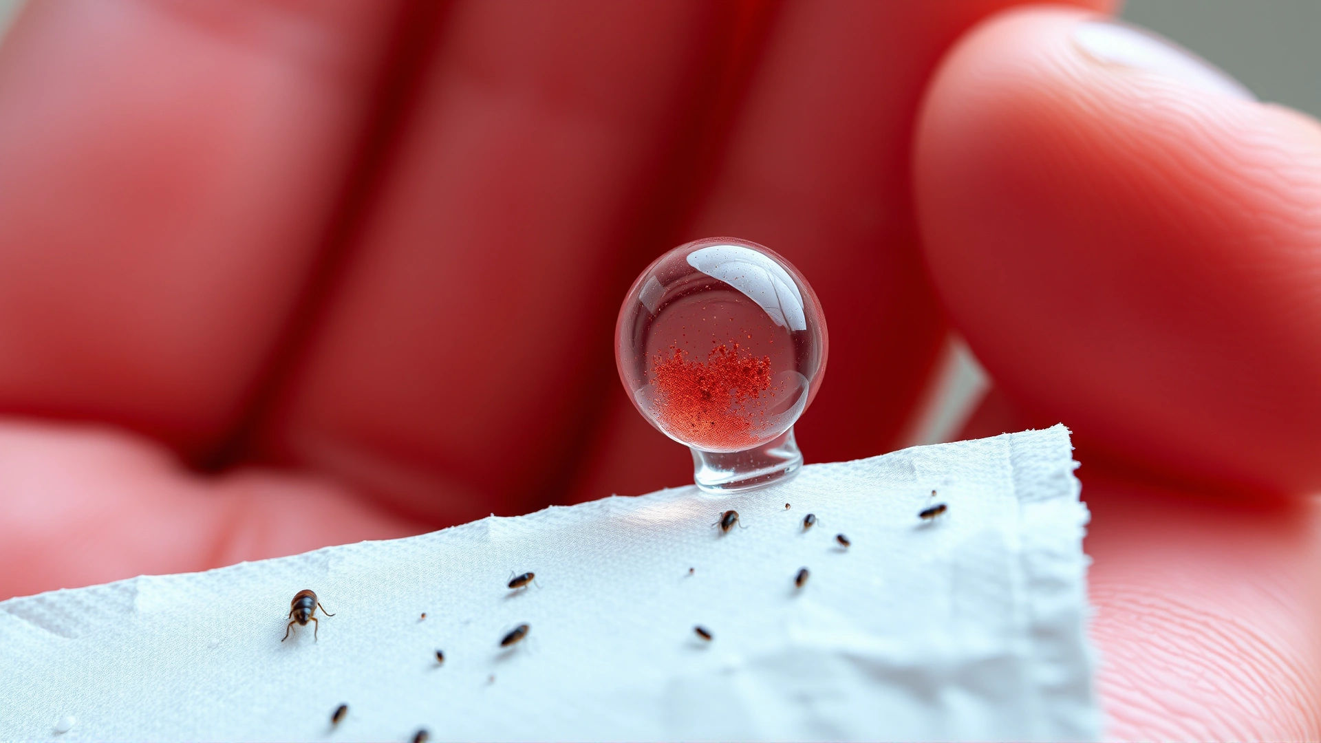 Close-up of human hand holding a white tissue with small black flea dirt specks and a drop of water turning them reddish.
