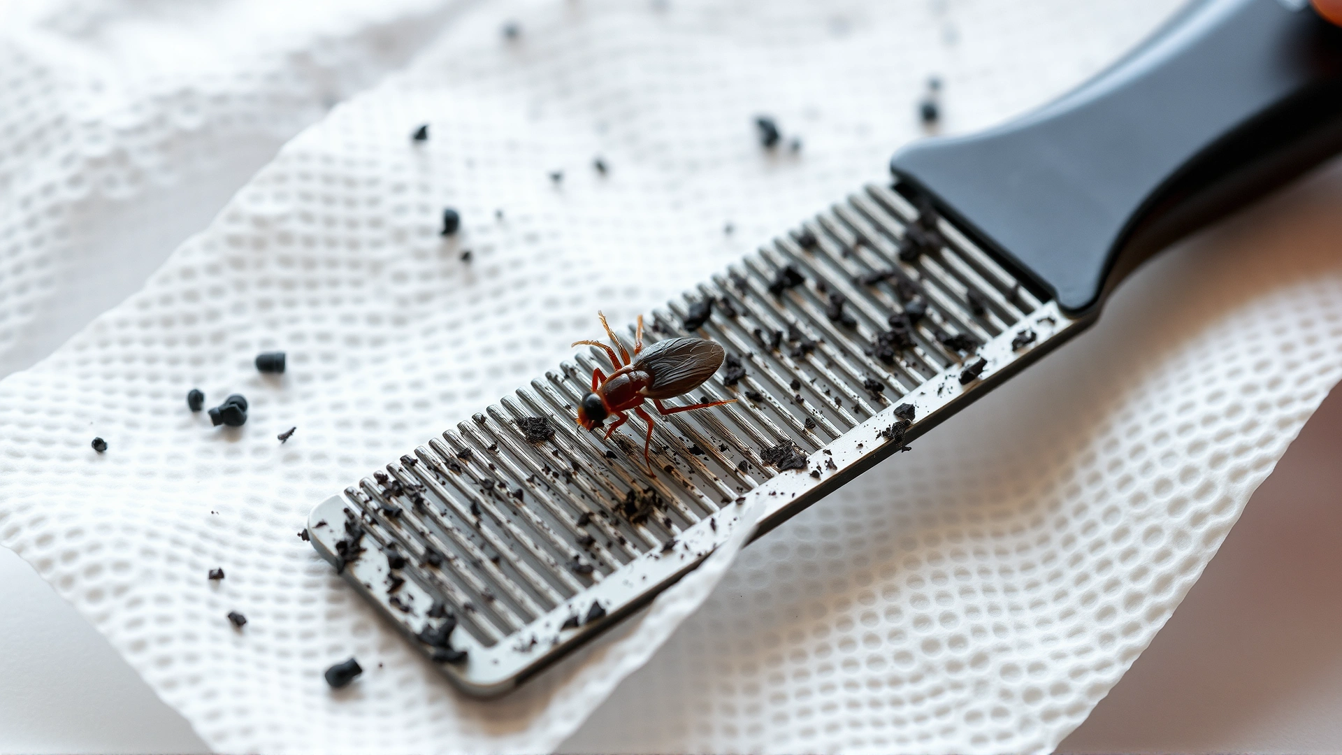 Close-up of a hand holding a flea comb with black flea dirt flakes and a live flea on a white paper towel, daylight