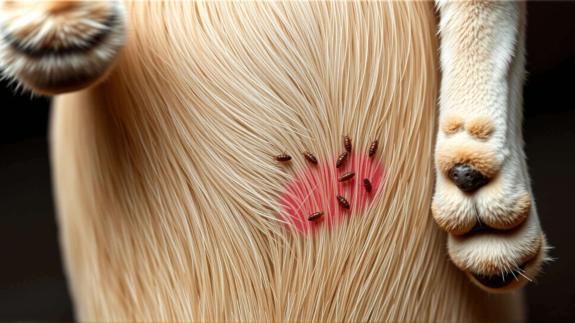 Macro view of a dog's lower back fur parted to reveal small fleas, accompanied by the dog's paw scratching the area