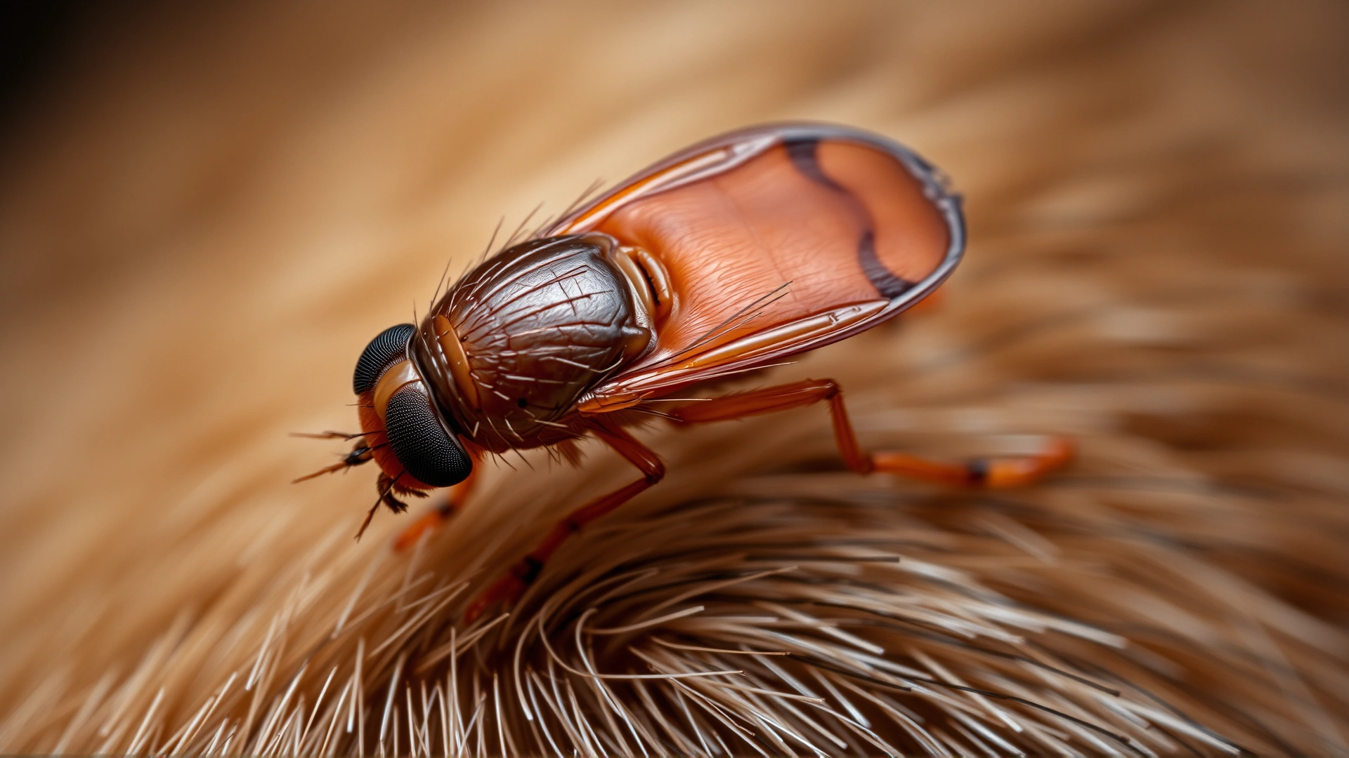 Macro close-up of a flea on dog fur, sharp focus on the parasite, blurred background