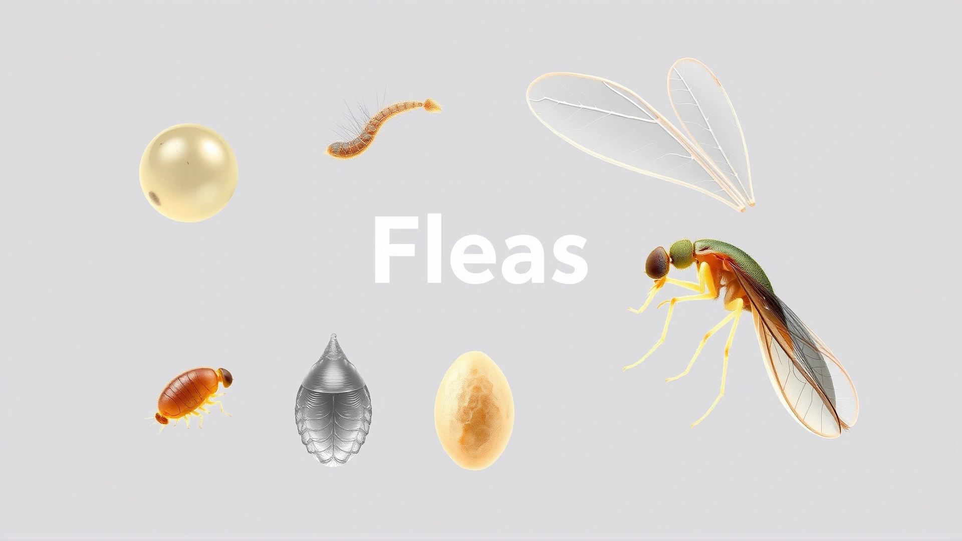 Illustrative photo collage of the flea life stages: egg, larva, pupa, and adult, arranged in a circular layout on a clean background, no text