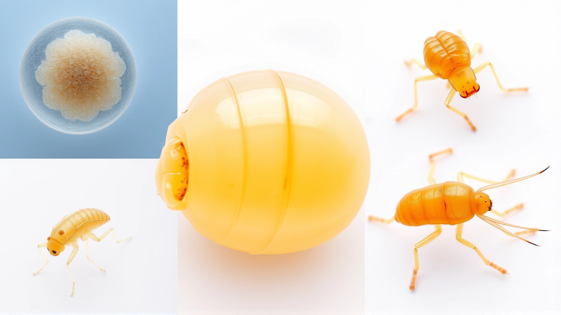 Four separate high-resolution images arranged in a single frame showing egg, larva, pupa, and adult Oriental rat flea on white background; no text.