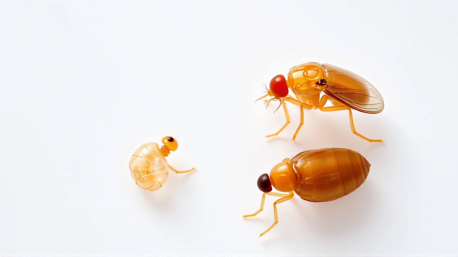 Macro composite image showing the four stages of the flea life cycle (egg, larva, pupa, adult) arranged in a circular layout on a neutral background, no text included.