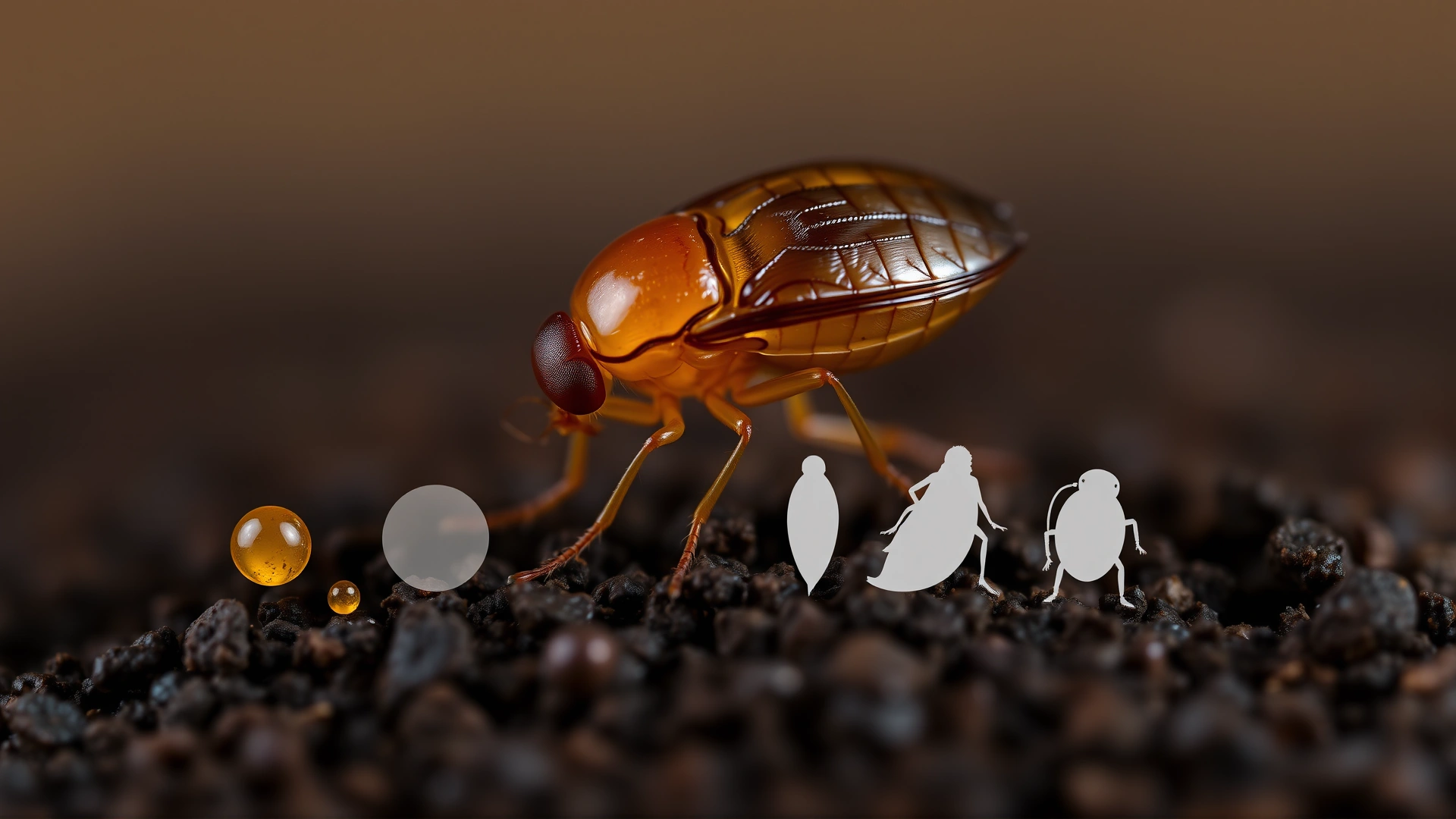 Macro composite image showing a single flea on soil with faint overlay silhouettes of its life stages (egg, larva, pupa, adult) subtly arranged beside it.
