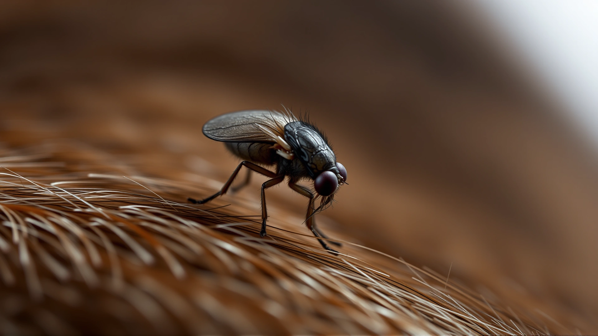 Extreme macro shot of a single flea on a pet’s fur, sharply focused with blurred background