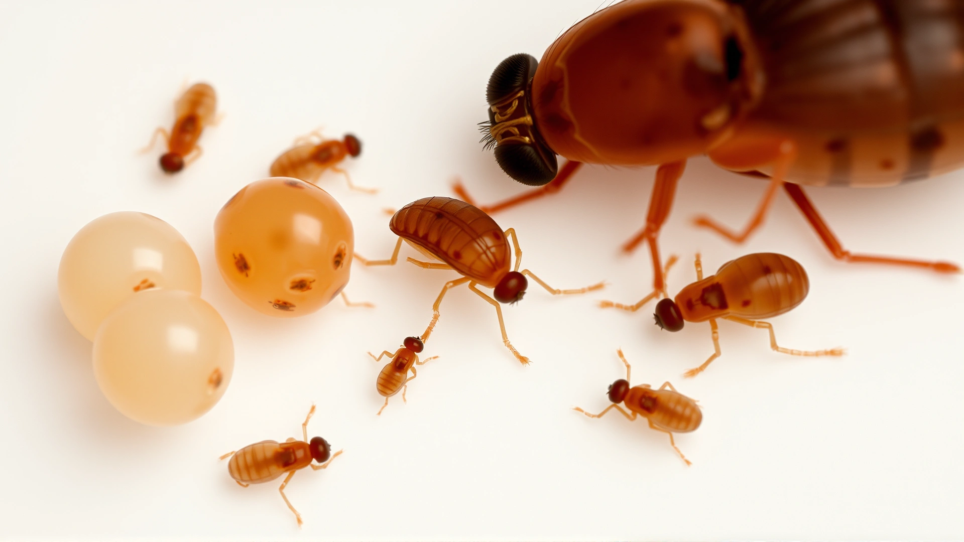 Composition showing real flea life stages—eggs, larvae, pupae, and adult fleas—arranged on a neutral background, macro photography